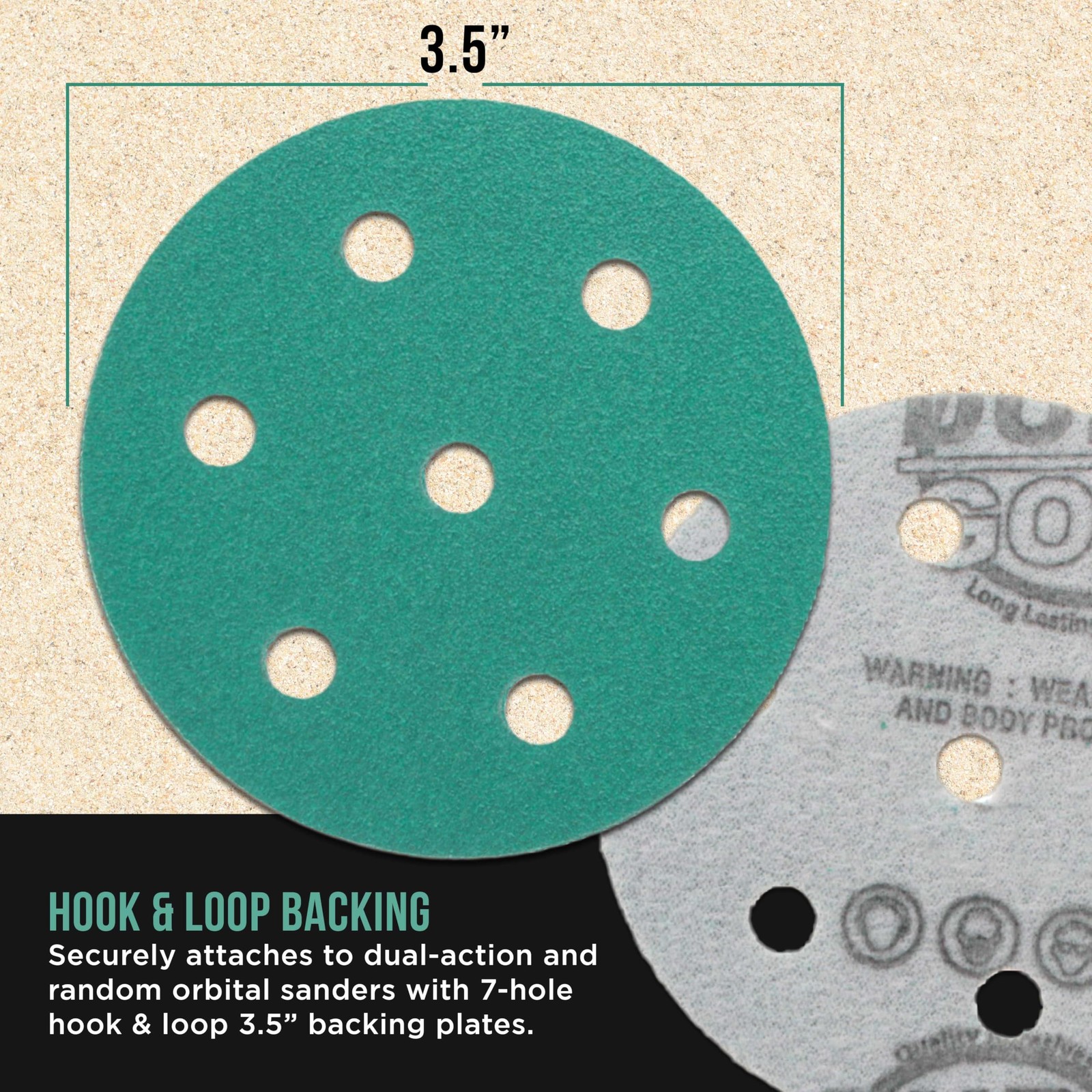 Dura-Gold Premium 100 Grit 3.5″ (90mm) Green Film Sanding Discs, 7-Hole
