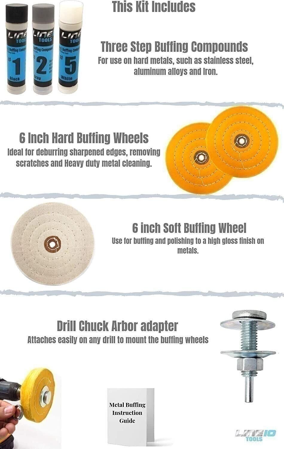 7pc Metal Buffing Kit for Drill 6″ Wheel for Polishing S. Steel Iron Aluminum