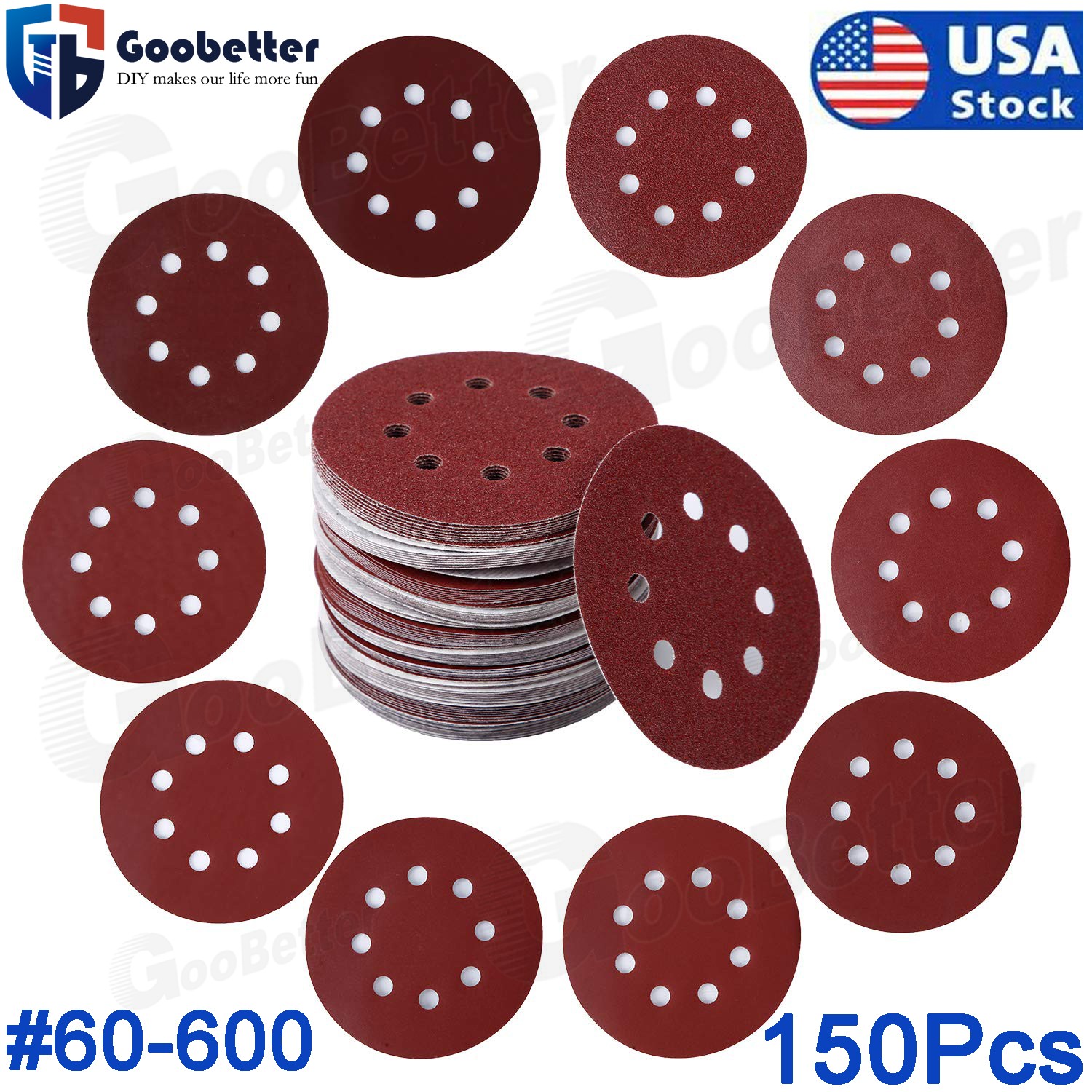 150pcs 5 inch Sanding Discs 40-600 Grit Hook Loop 8-Hole Sander Paper Sandpaper