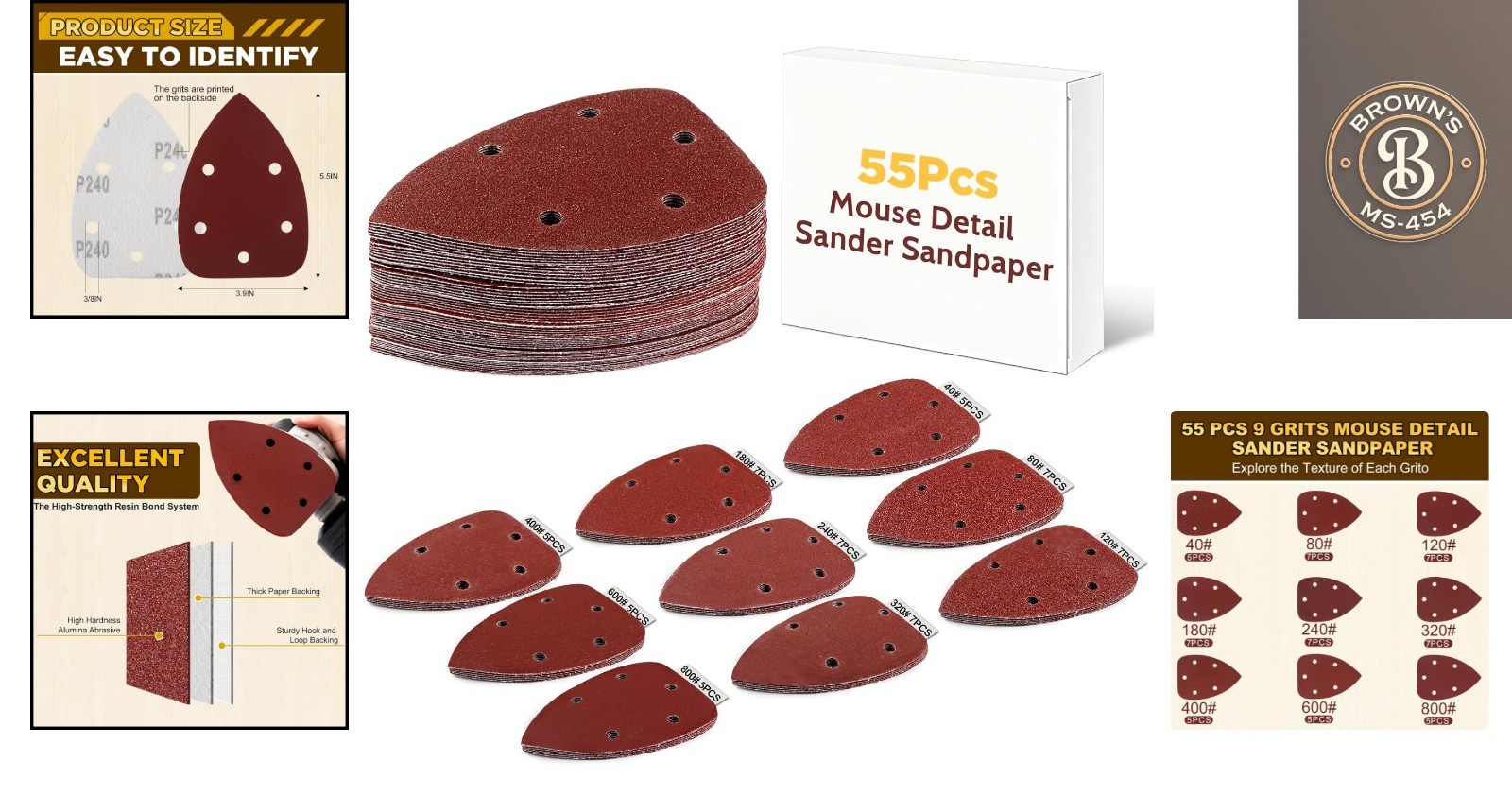 55Pcs Mouse Detail Sandpaper, 9 Grits 40-800 Triangle Sanding Pads