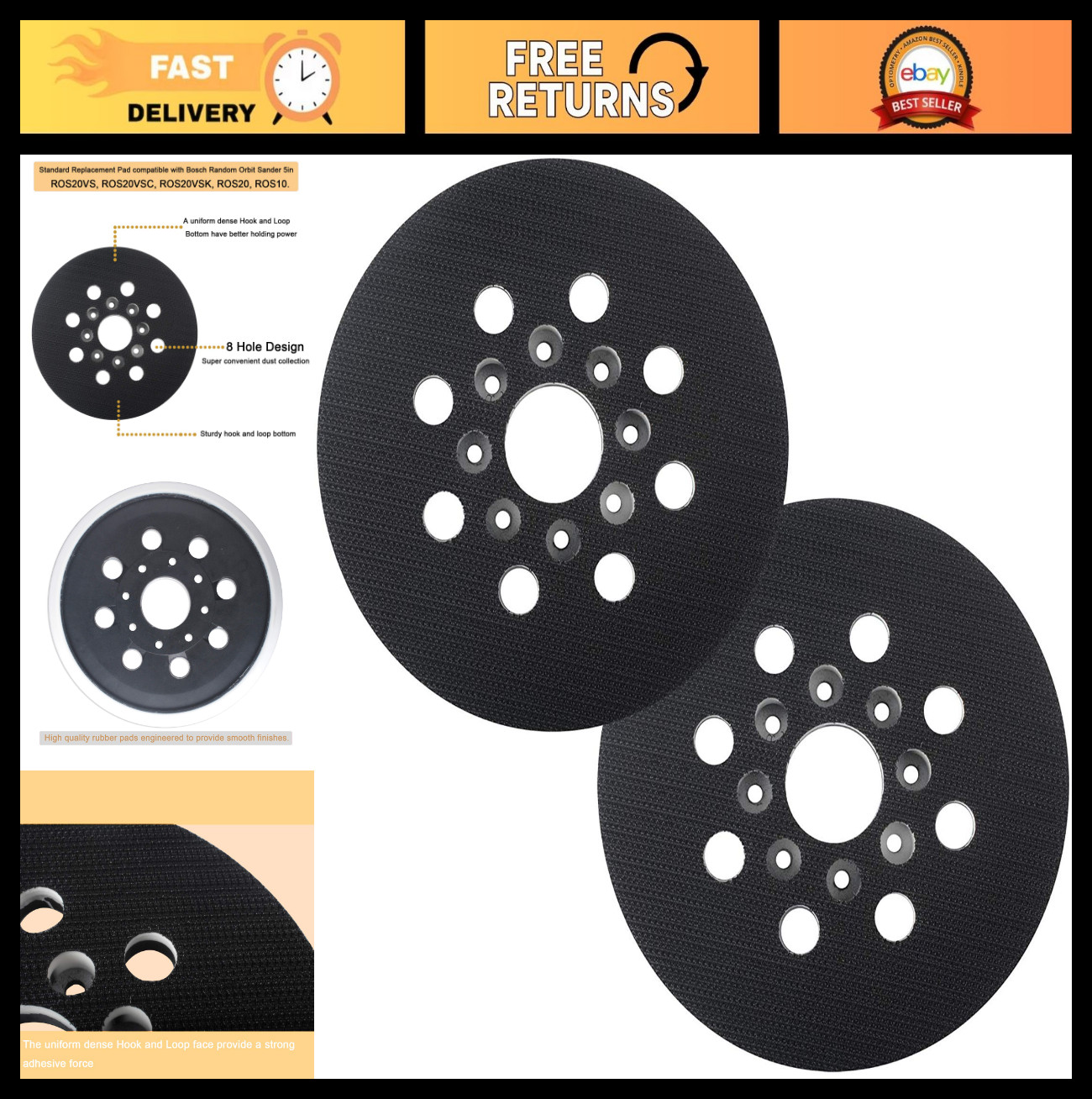 5″ Sanding Pad Replacement for Bosch RS035, 8 Hole Hook & Loop, Pack of 2
