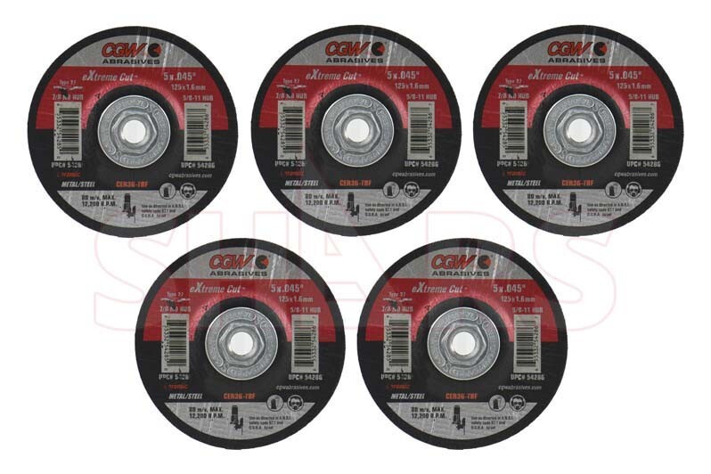 CGW 5 PCS 5 x 0.045 x 5/8-11 UNC 36 Grit Type 27 Ceramic Extreme Cutoff Wheel S|