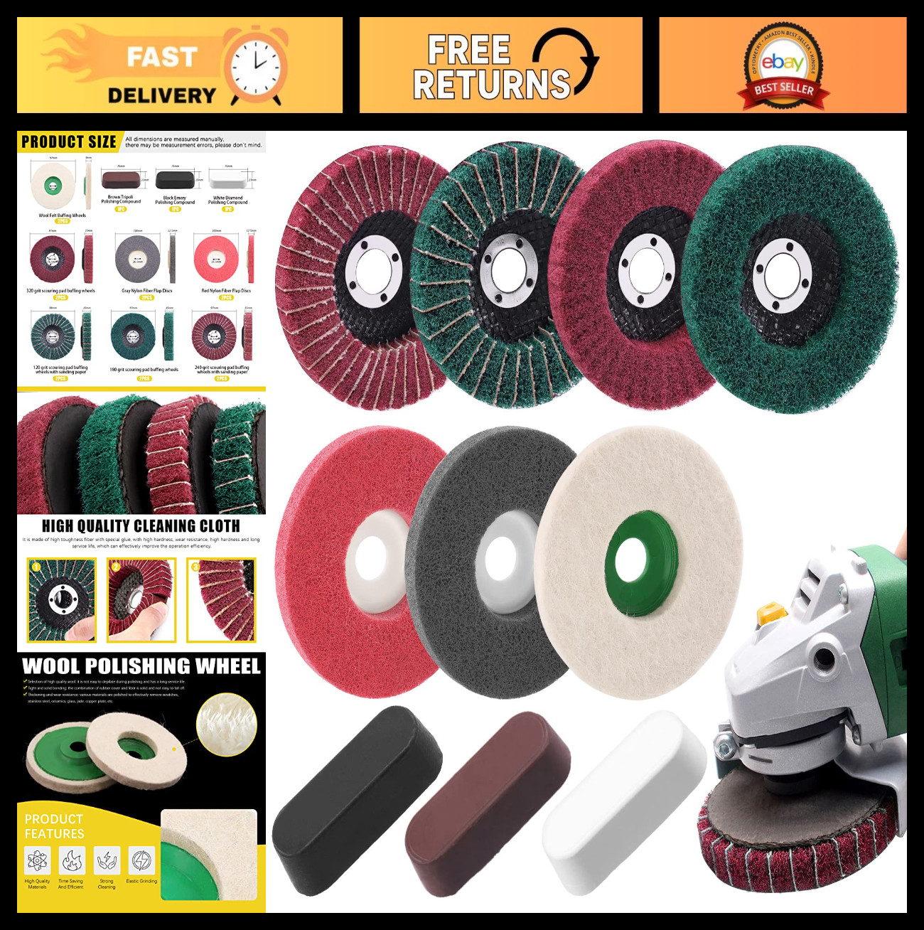 17 Pcs Polishing Buffer Wheels Set – Wool & Nylon Discs + 3 Compounds for Angle