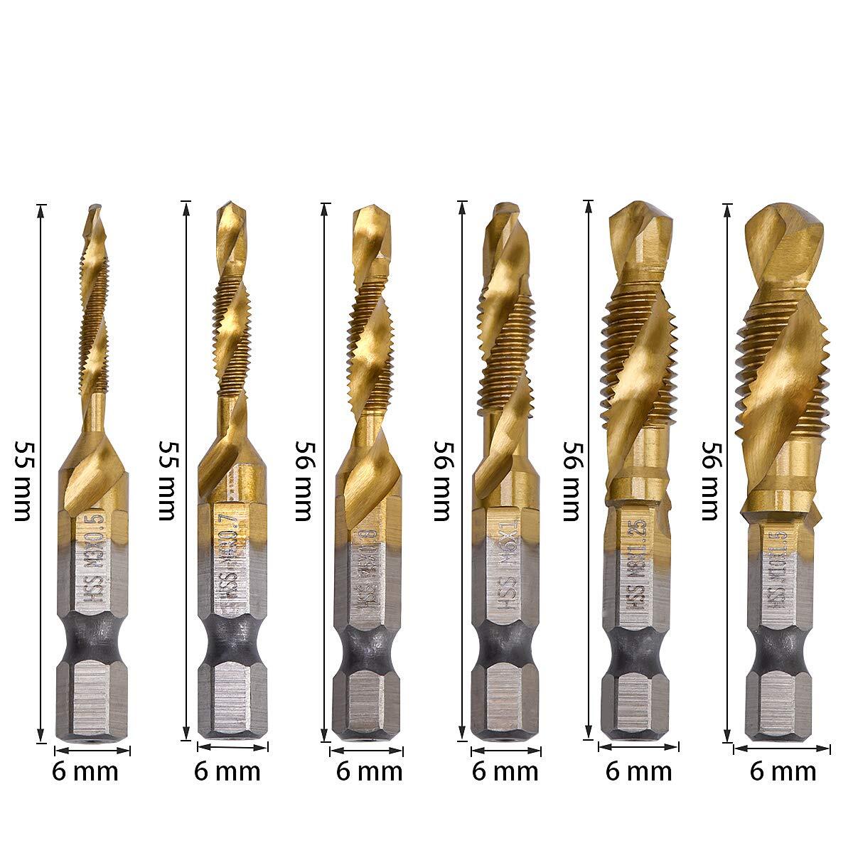 6Pcs M3-M10 Drill Spiral Tap Bits HSS 1/4” Hex Shank Metric Thread Cutter Set