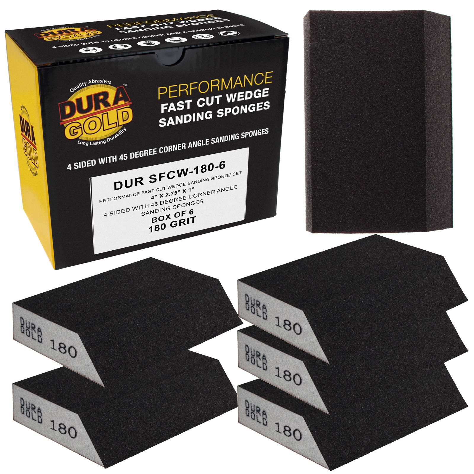 180 Grit Hand Sanding Block Sponges Angled Edge, Box of 6 – 3.9″ x 2.75″ Wet/Dry