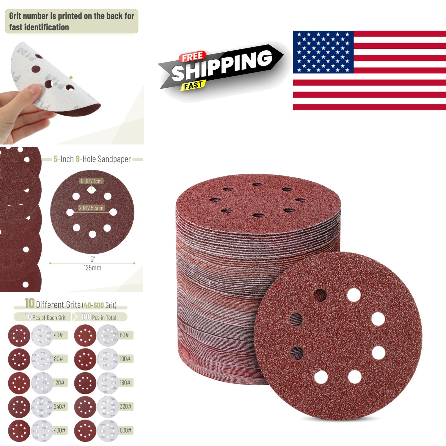 Red Sanding Discs 5 Inch 100 Count Aluminum Oxide Assorted Grits Perfect for DIY