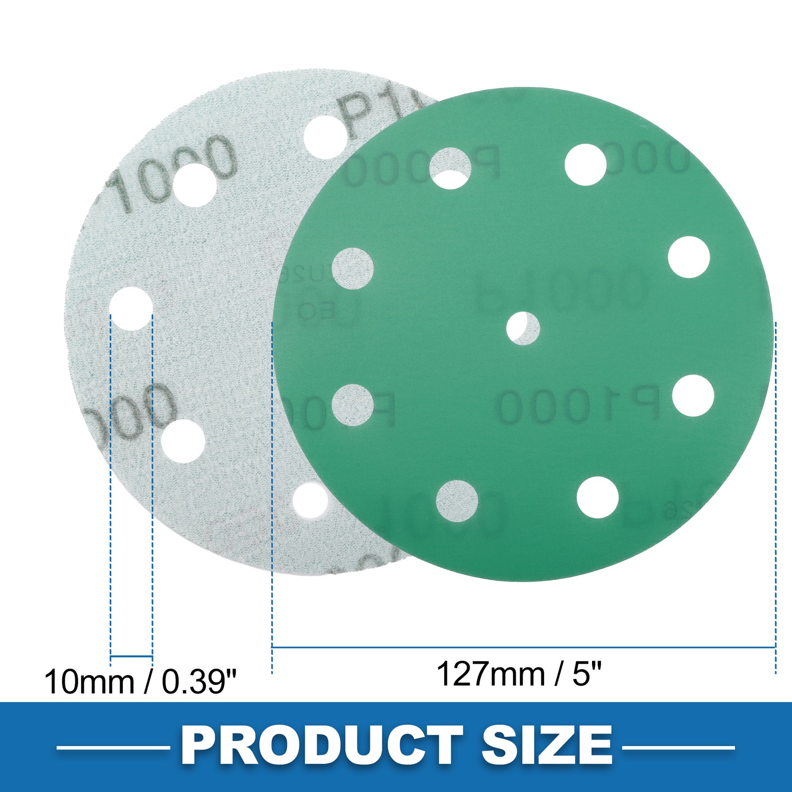 Sanding Discs 5 Inch 9 Hole 1000 Grit Round Hook and Loop Sandpaper Green 50pcs