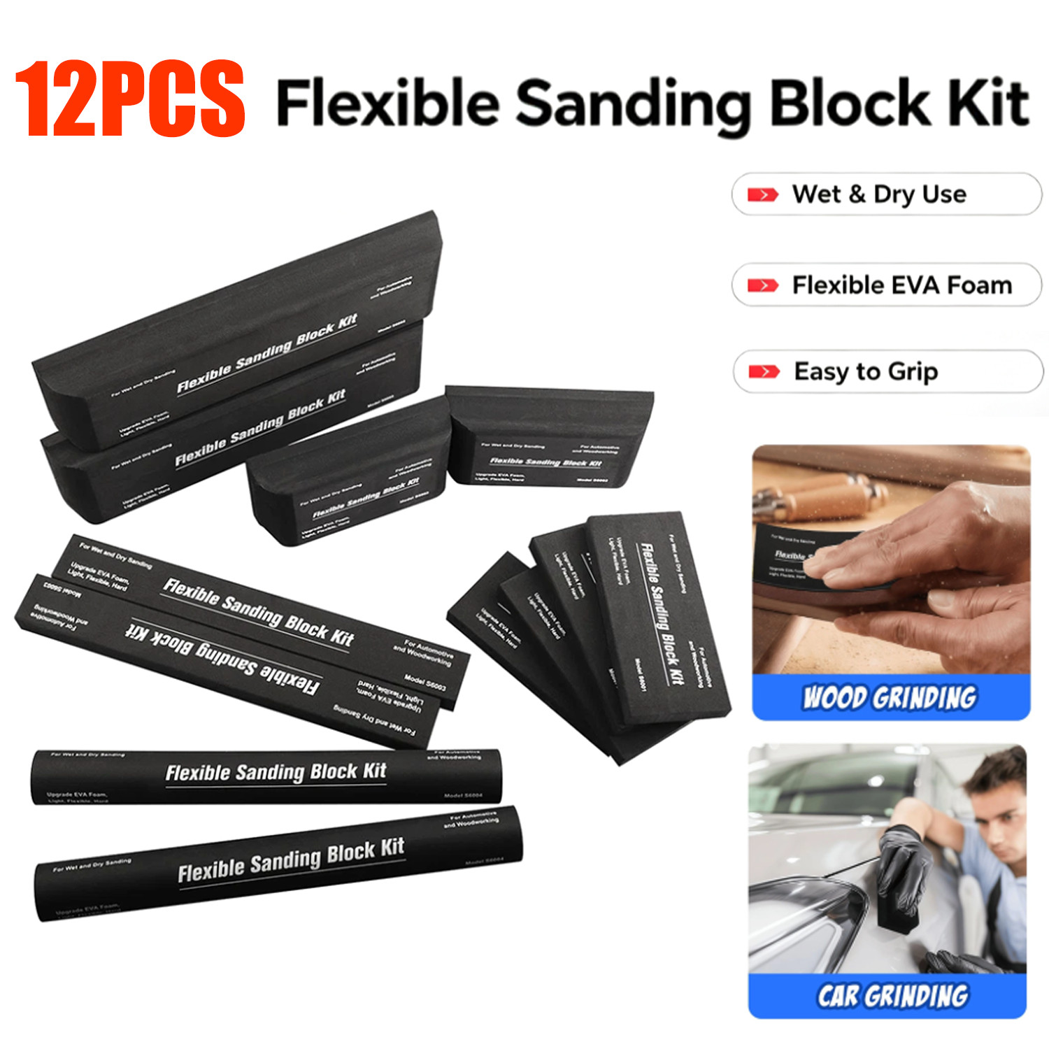 12PCS Flexible EVA Foam Sanding Block Kit Wet Dry Sanding for Auto Body Repair