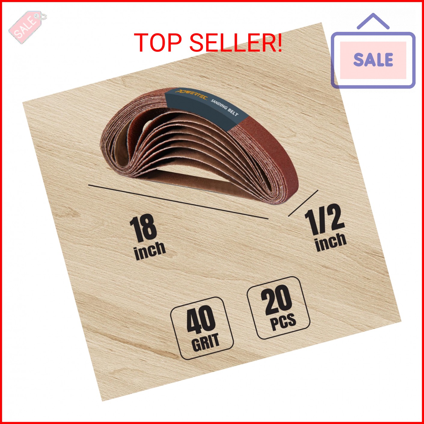 POWERTEC 1/2 x 18 Inch Sanding Belts, 20PK, 40 Grit Aluminum Oxide Belt Sander S