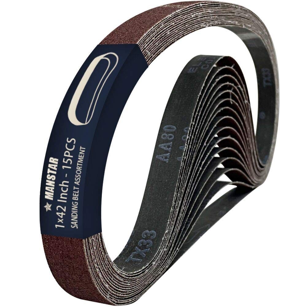 15 Pcs 1 x 42 Inch Assorted Aluminum Oxide Sanding Belt, 80/120/150/240/400 Grit