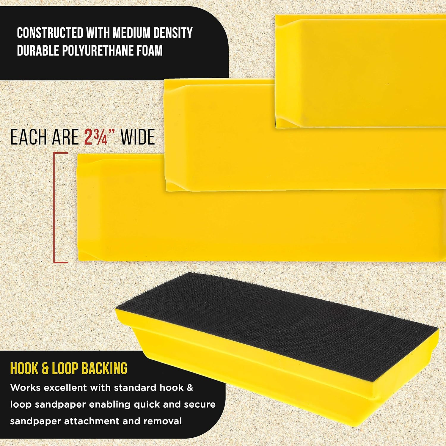 Pro Series Classic Rectangle Hand Sanding Block Kit with 3 Blocks, 5″, 7-3/4″ an