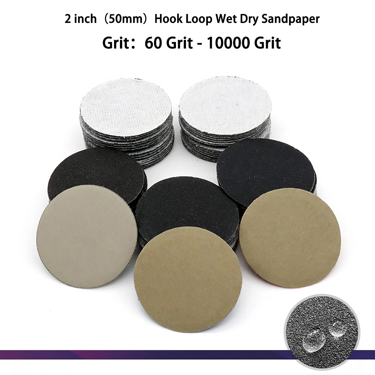 2 inch（50mm）Hook Loop Sanding Discs 60 – 10000 Grit Wet Dry Sandpaper，Burnishing