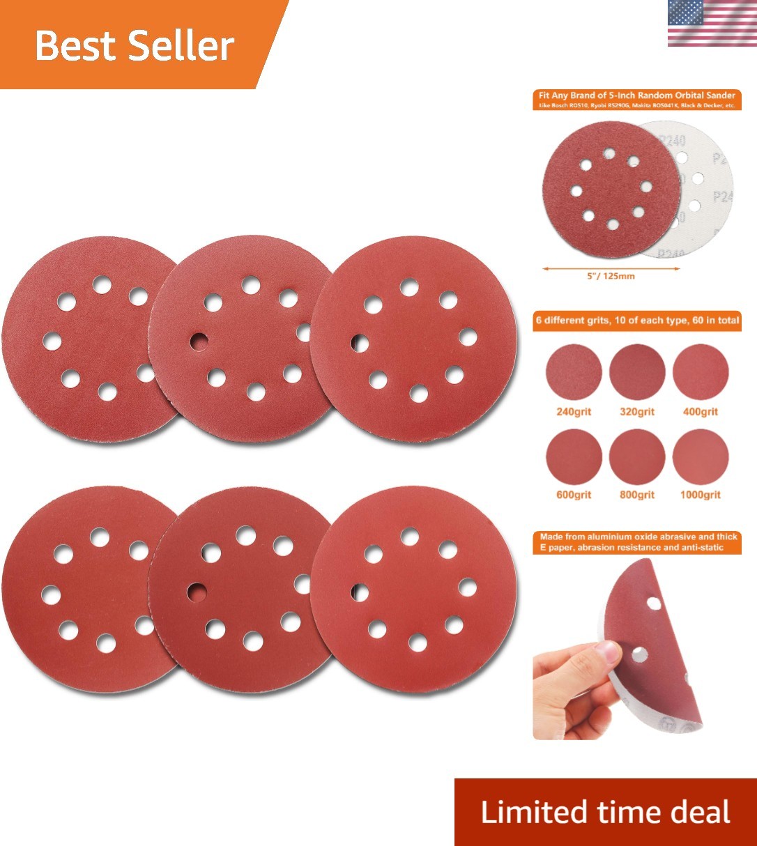 60Pcs Sanding Discs 5 Inch 8 Holes, 1000/800/600/400/320/240 Grit Sandpaper f…