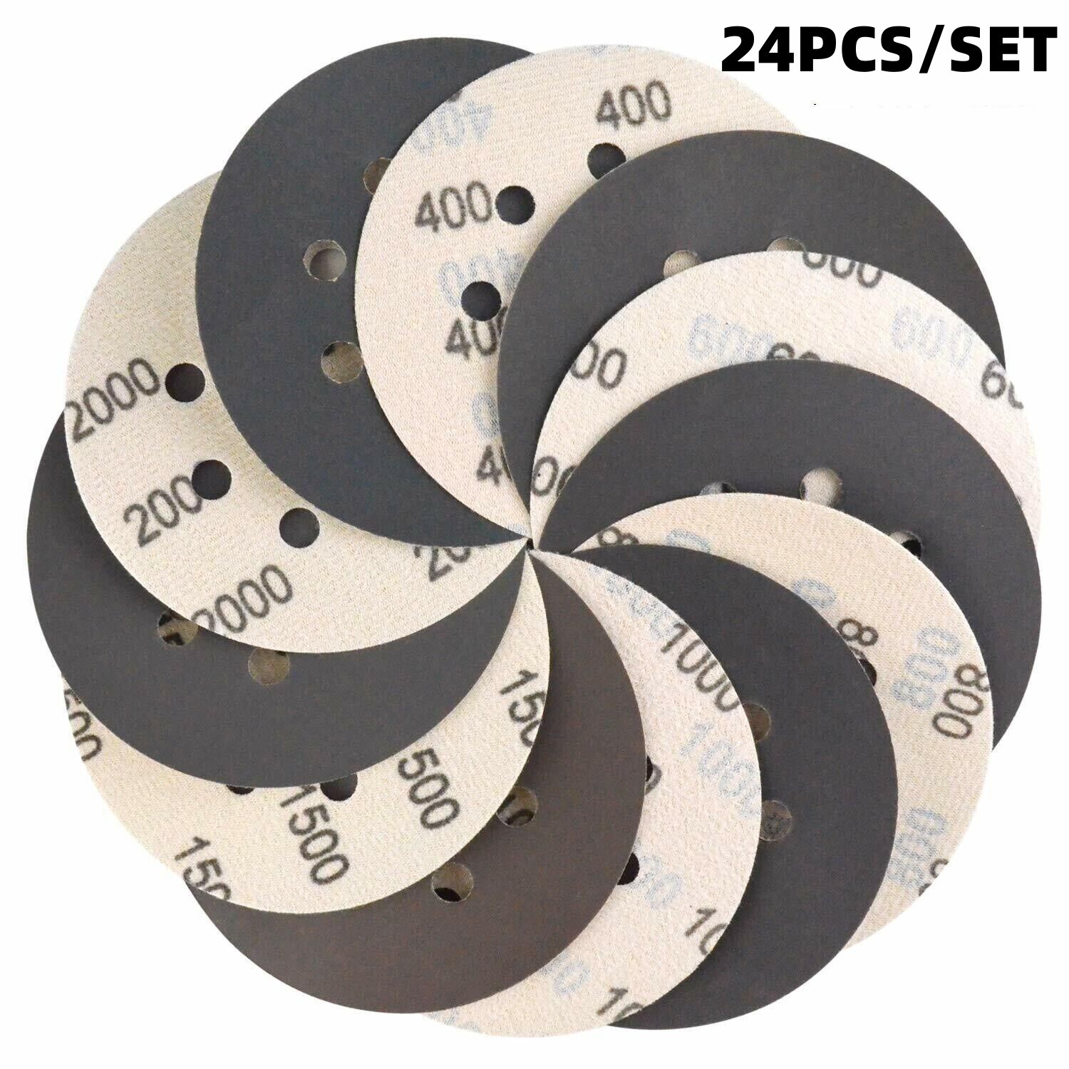 24PCS 5in Orbital Sander Paper Sanding Discs 400-2000 Grit Hook Loop Sandpaper