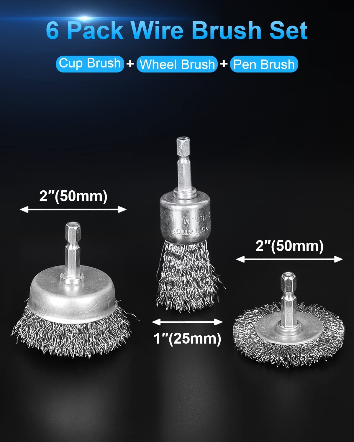 Rocaris 6 Pack Carbon Steel Wire Wheel And Pen Brush Set 1/4-Inch Hex Shank For