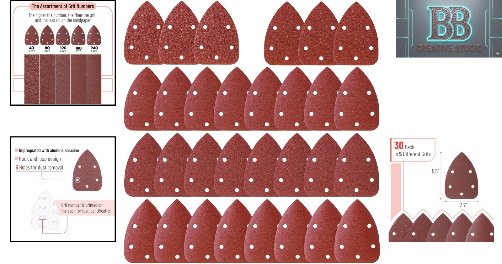 30-Piece Bates Mouse Sander Sandpaper Set – Various Grits for Precision Crafting
