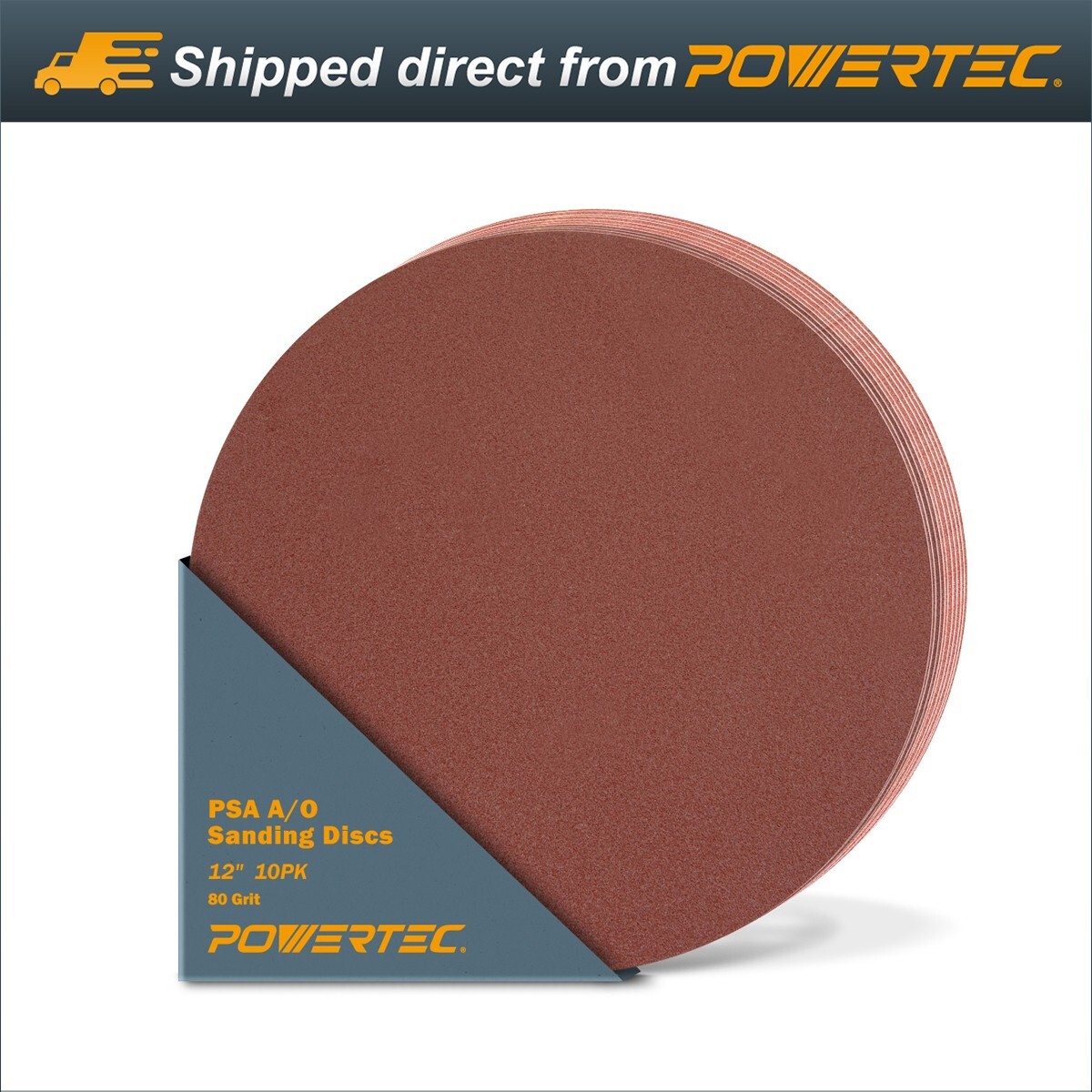 POWERTEC 12 inch PSA 80 Grit 10pcs Adhesive Sanding Disc Aluminum Oxide 110600
