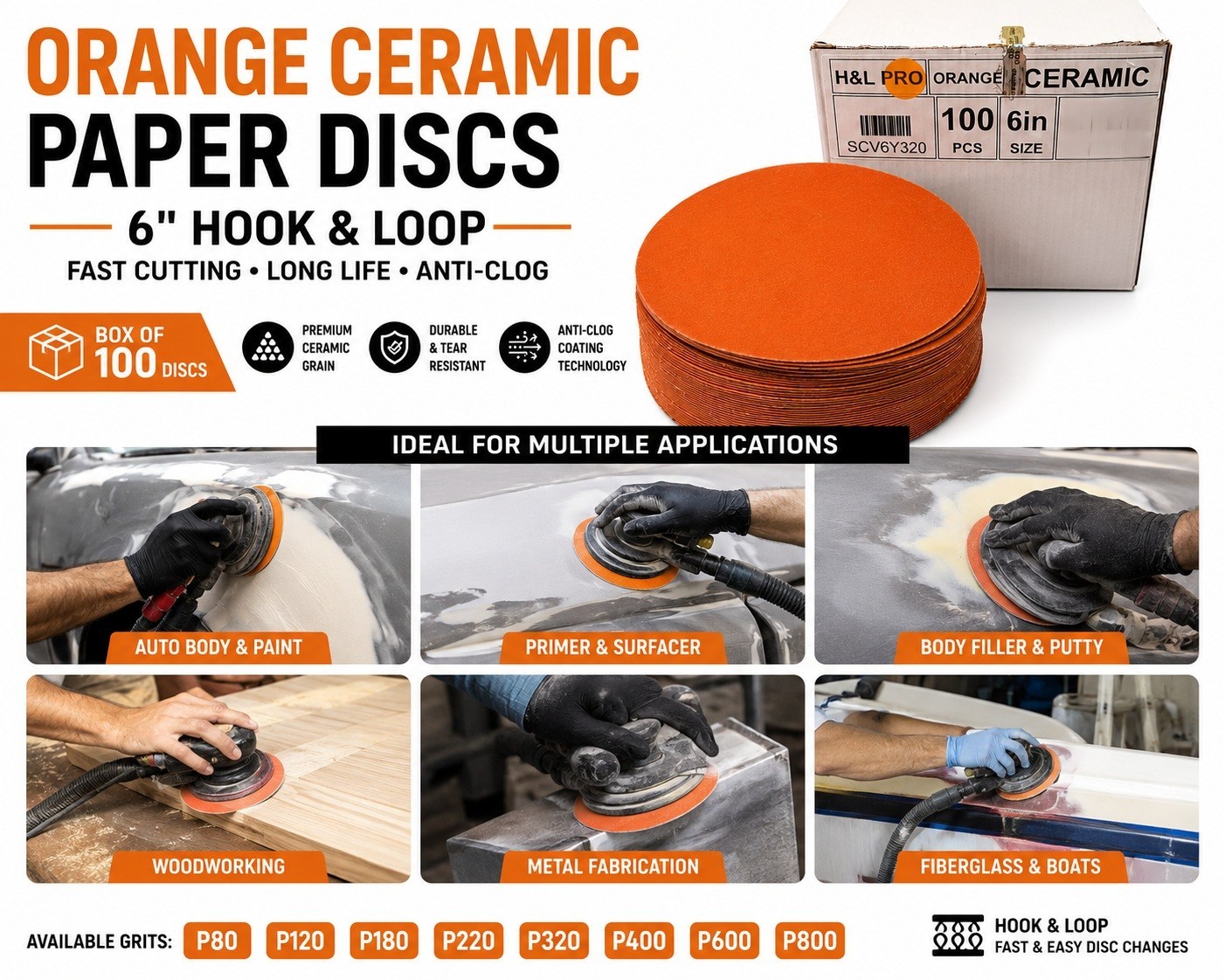 6″ Orange Ceramic Sanding Discs Hook & Loop Paper 100 Pack P80-P800