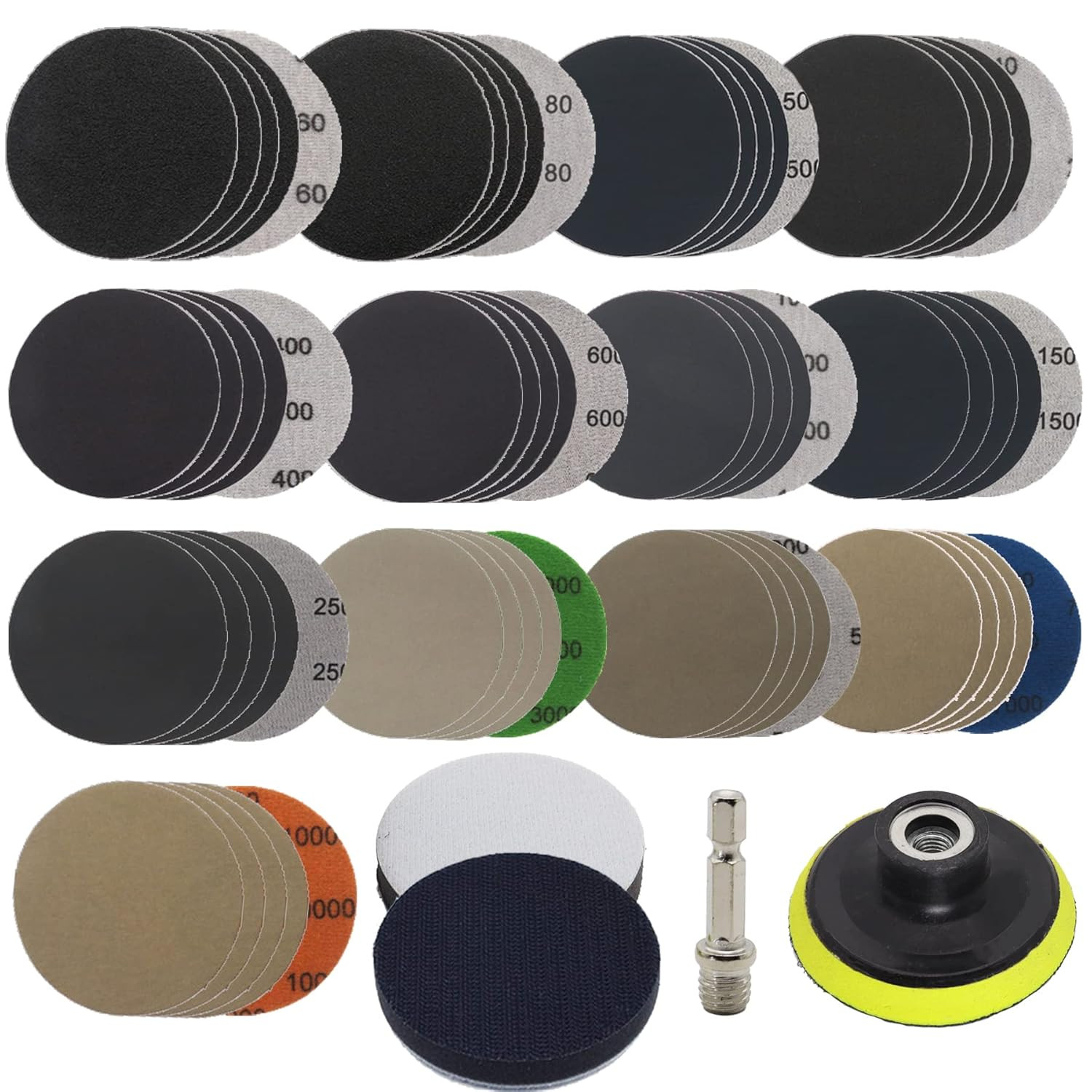 65Pcs Sandpaper 3Inch Sanding Disc 60-10000 Grit Wet Dry Sandpaper with M10 Back