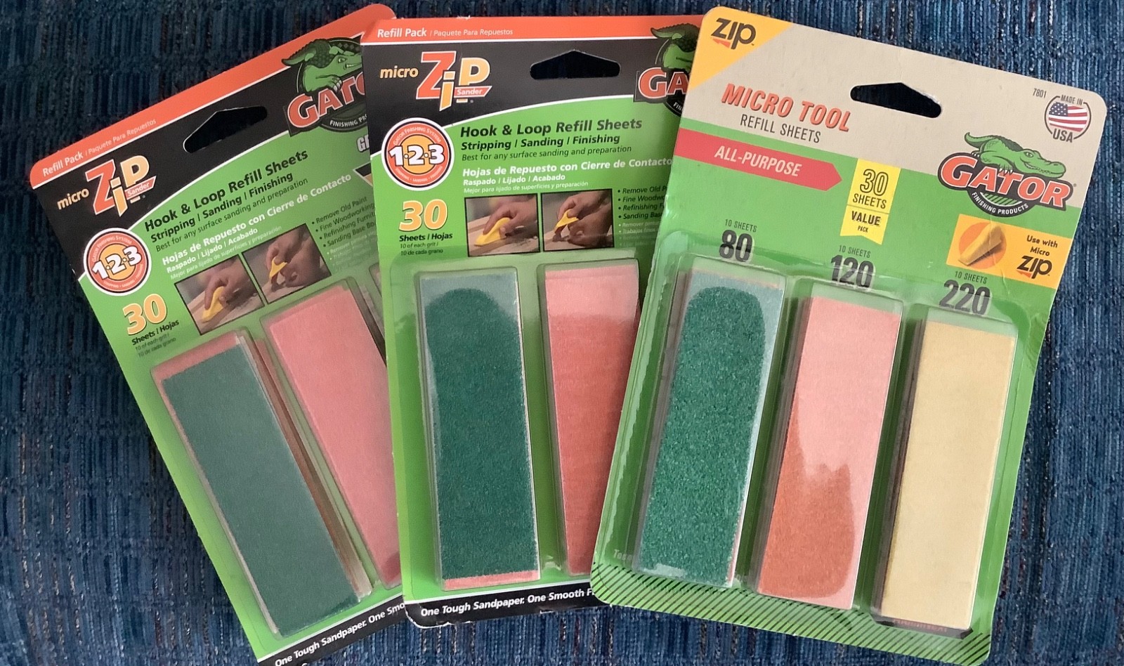 3 pkgs Gator 7801 (90), Micro Zip Sander Refills Sheets 3.5″x1″ Aluminum Oxide