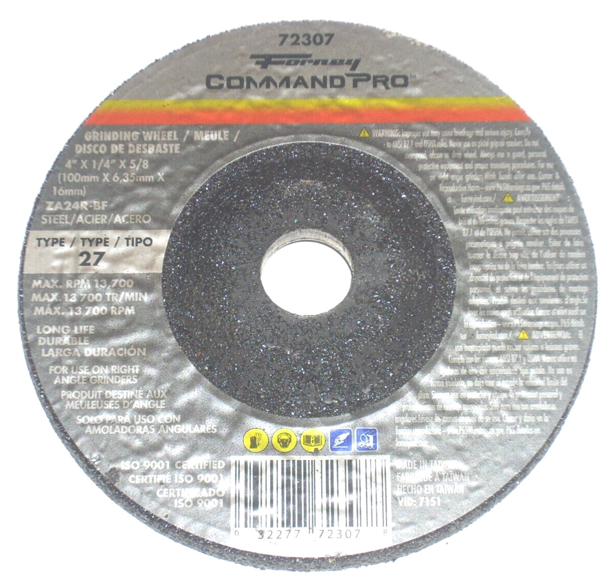 Forney 72307 Grinding Wheel 4 x 1/4 x 5/8 Type 27 for Metal w 4 in Angle Grinder