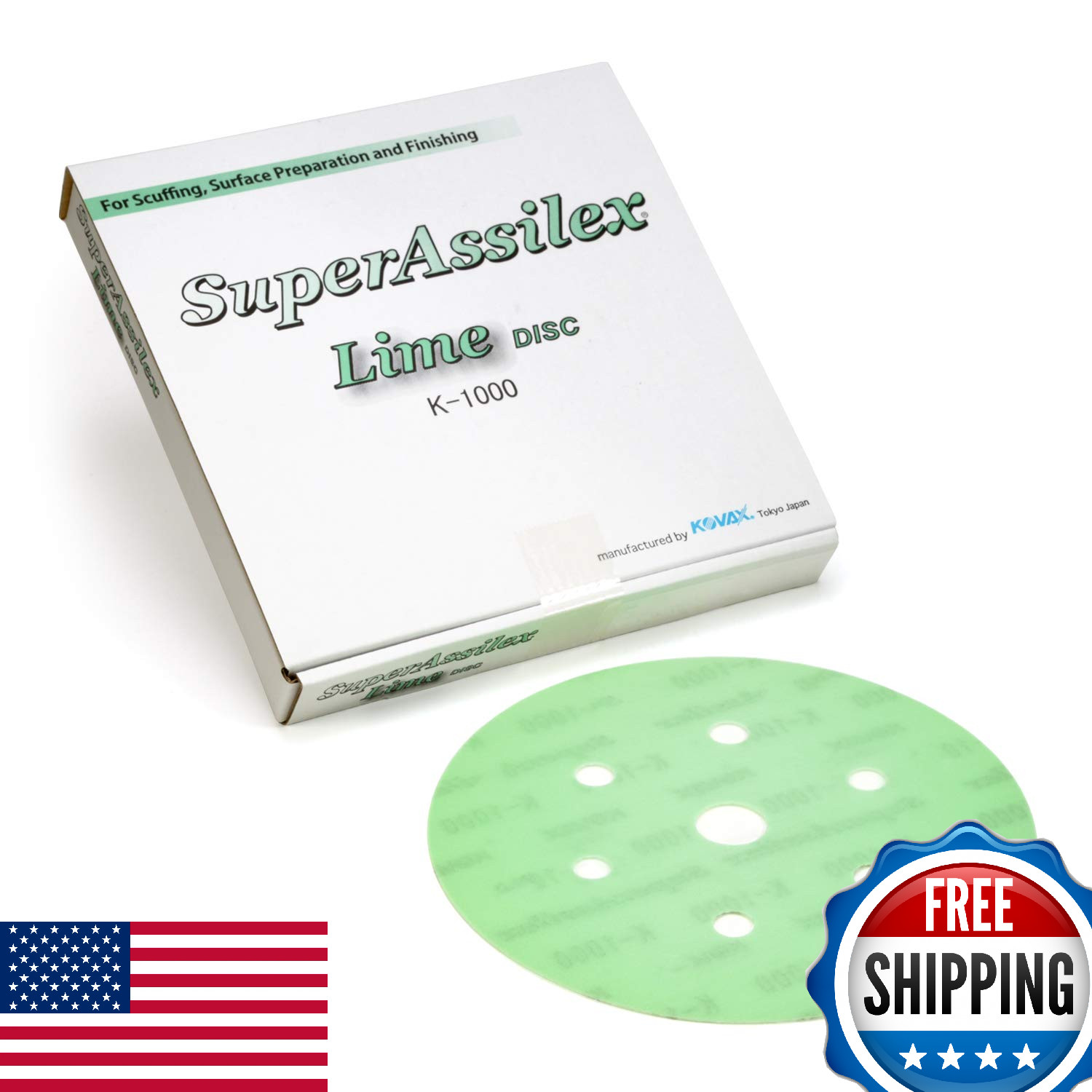 Super Assilex Flexible 6 inch Sanding Discs, LIME K-1000, 7 Holes, Hook & Loop,