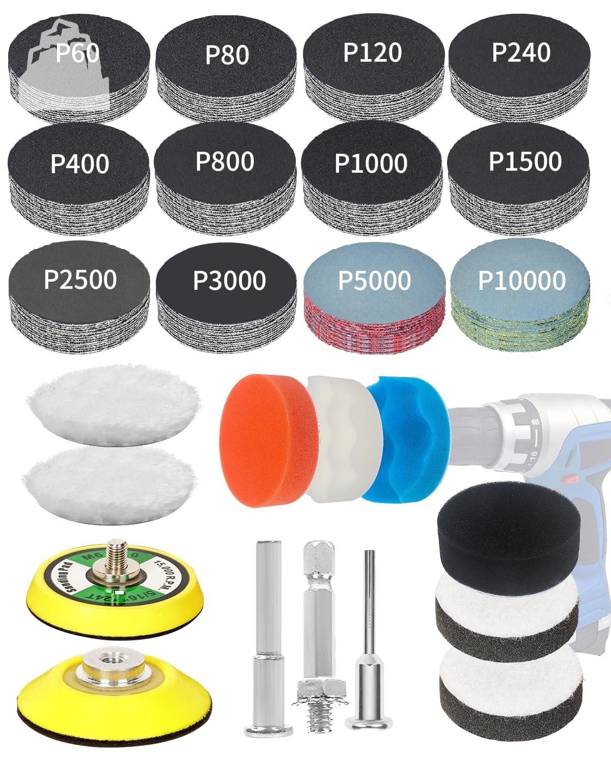 194pc Wet Dry Sanding Discs 60-10000 Grit Hook Loop Drill Kit