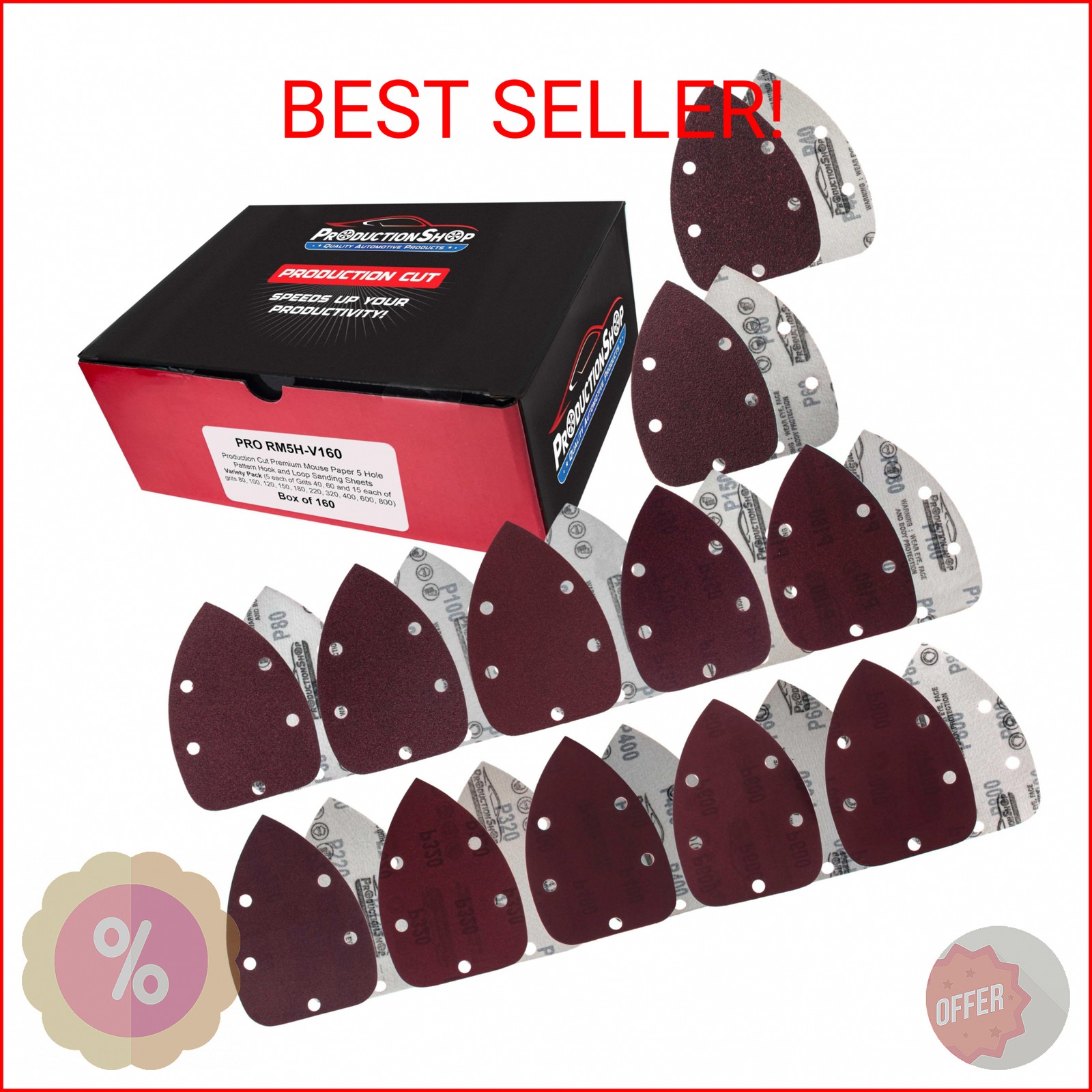 ProductionShop Premium 5-Hole Pattern Mouse Detail Sander Sandpaper Sheets, 160