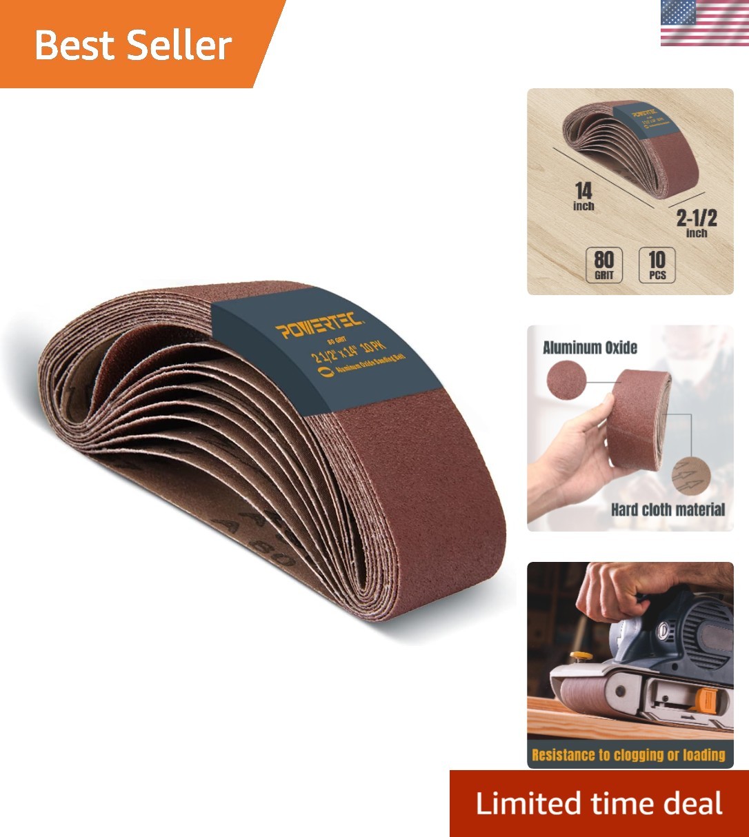 10-Pack 2-1/2 x 14 Inch Aluminum Oxide Sanding Belts, 80 Grit – For Wood & Metal