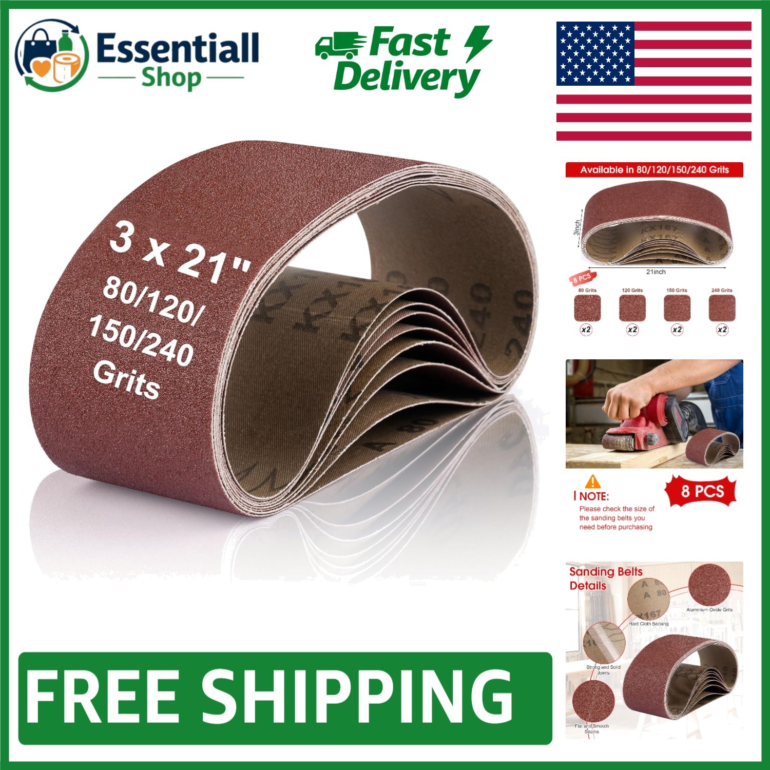 Versatile 8 Pcs 3×21 Sanding Belts with Aluminum Oxide – Ideal for Woodworking