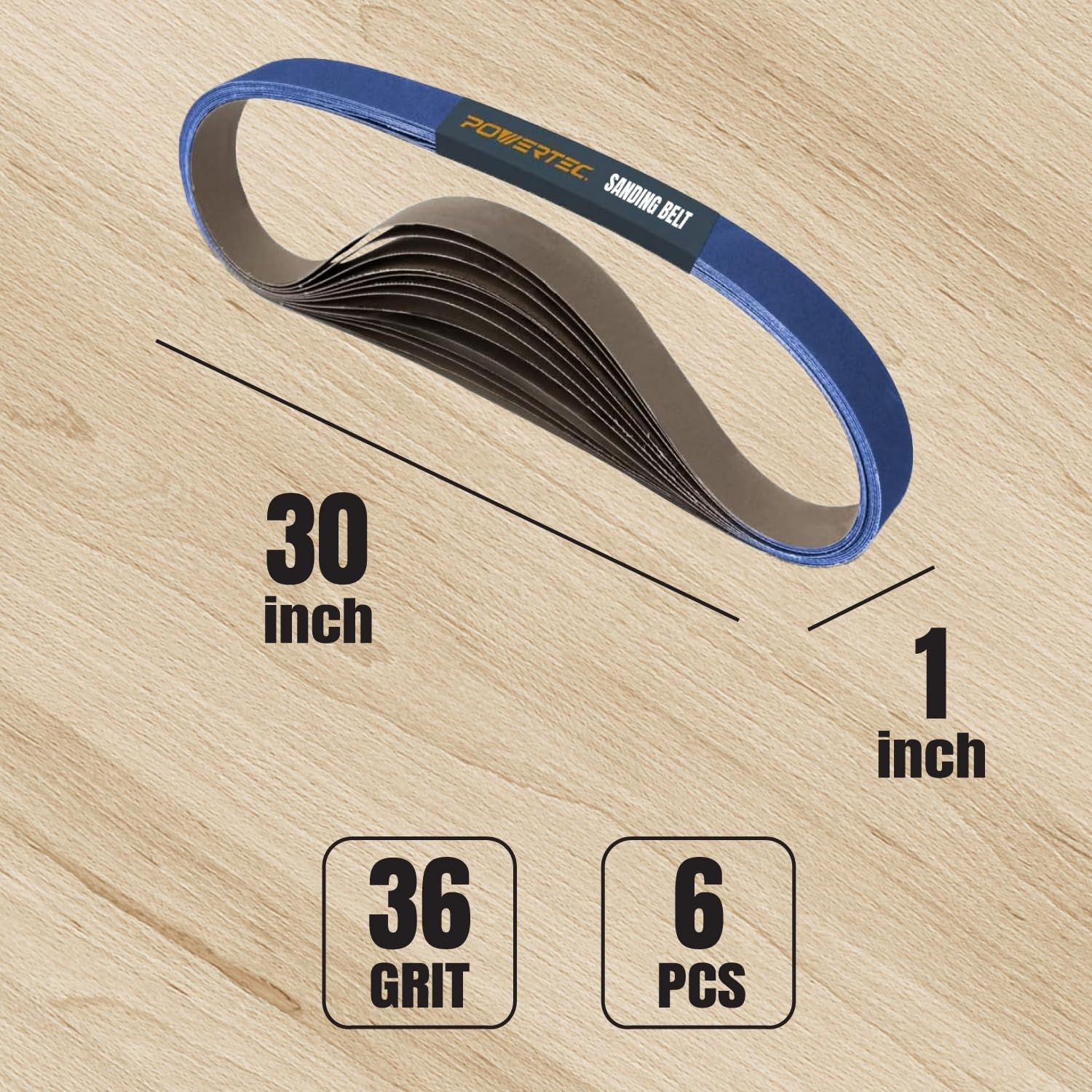 POWERTEC 1×30 Sanding Belts, 6PK, 36 Grit Zirconia 1 x 30 Zir, 36 Grit, 6pk
