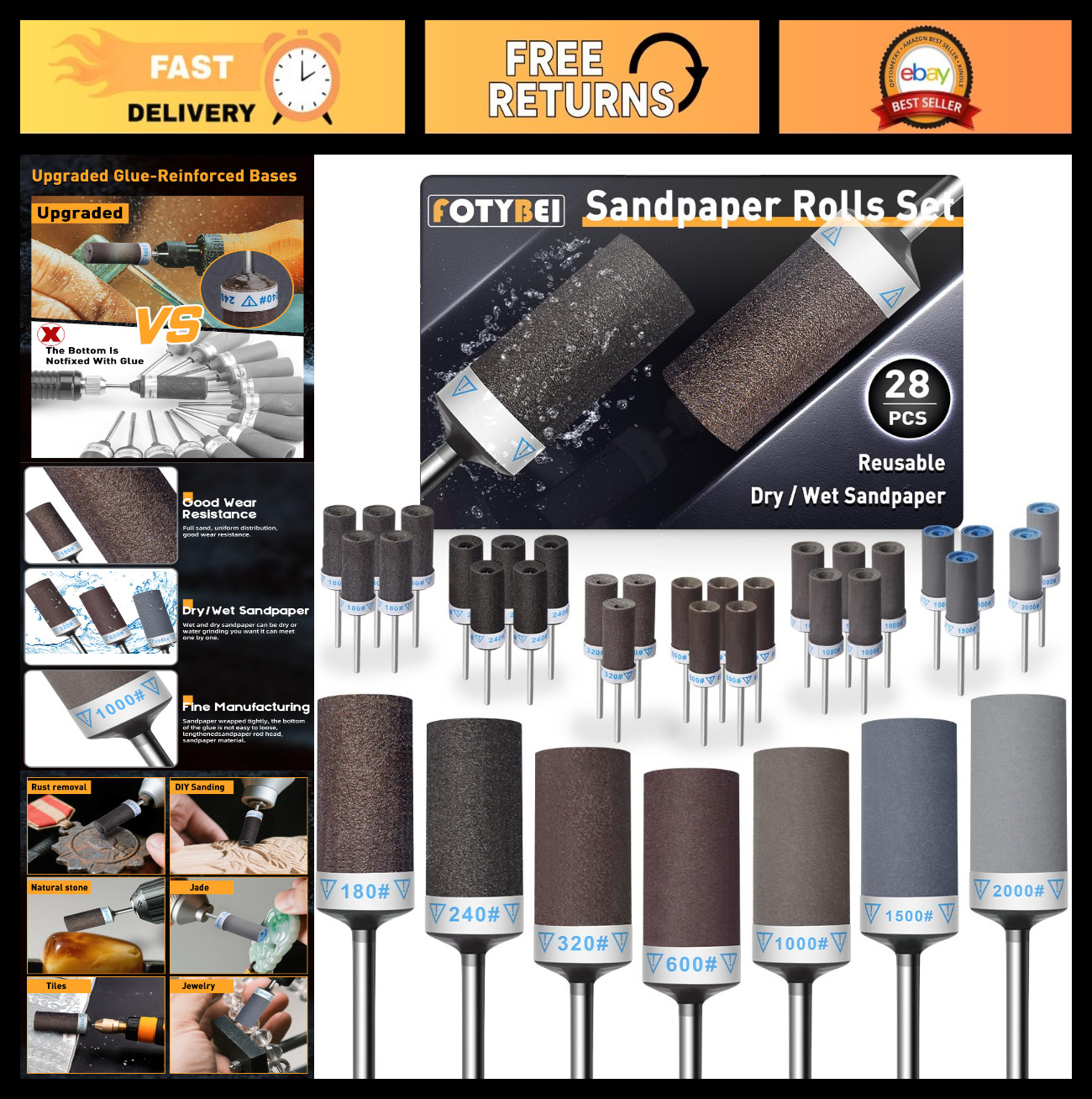 28Pcs Sanding Drum Set for Dremel Rotary Tool – 1/8″ Shank, 180-2000 Grits for M
