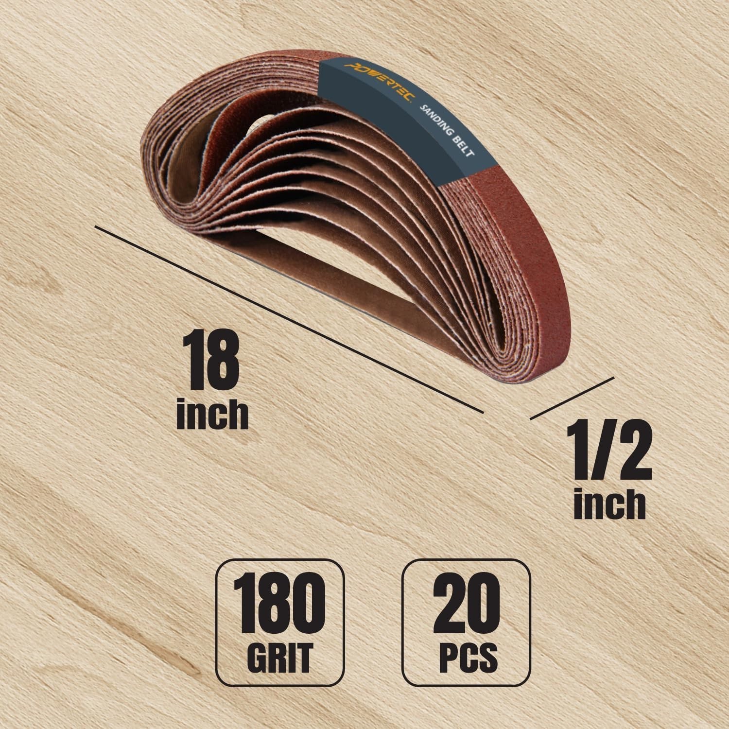 POWERTEC 1/2 x 18″ Sanding Belts 180 Grit 20PK Aluminum Oxide Sandpaper 401818