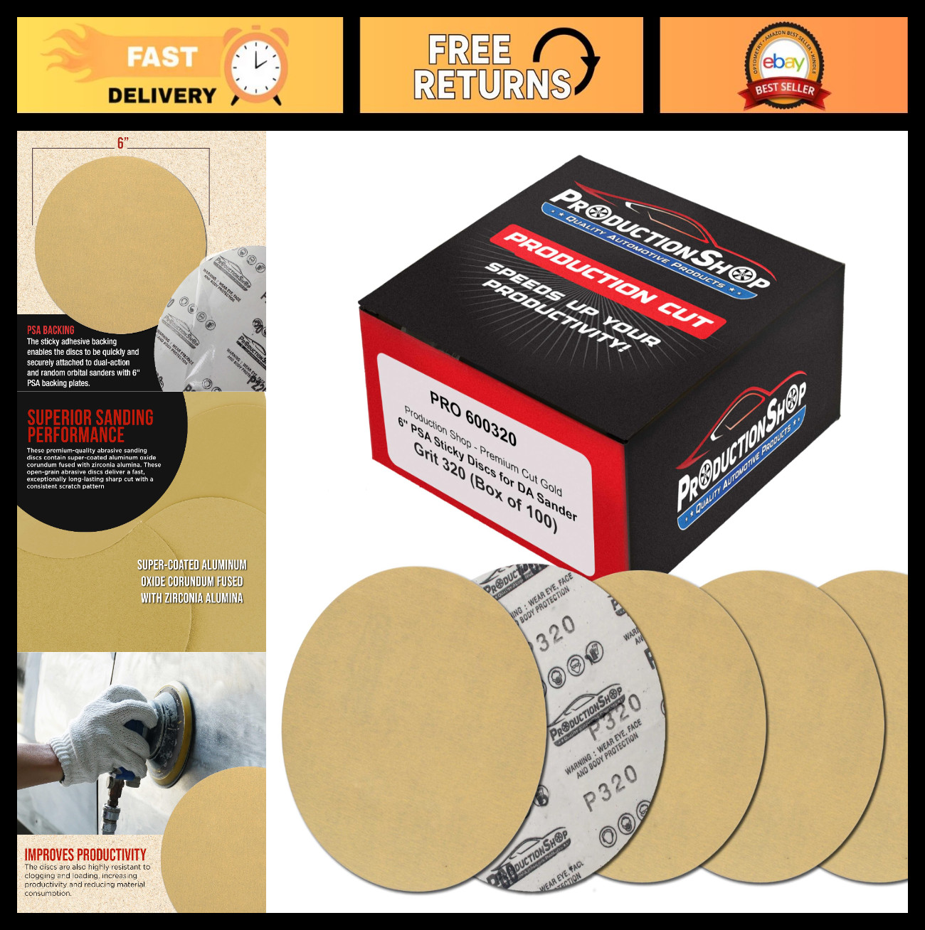 320 Grit 6″ PSA Gold Sanding Discs – Box of 100, Self-Adhesive Sandpaper for DA