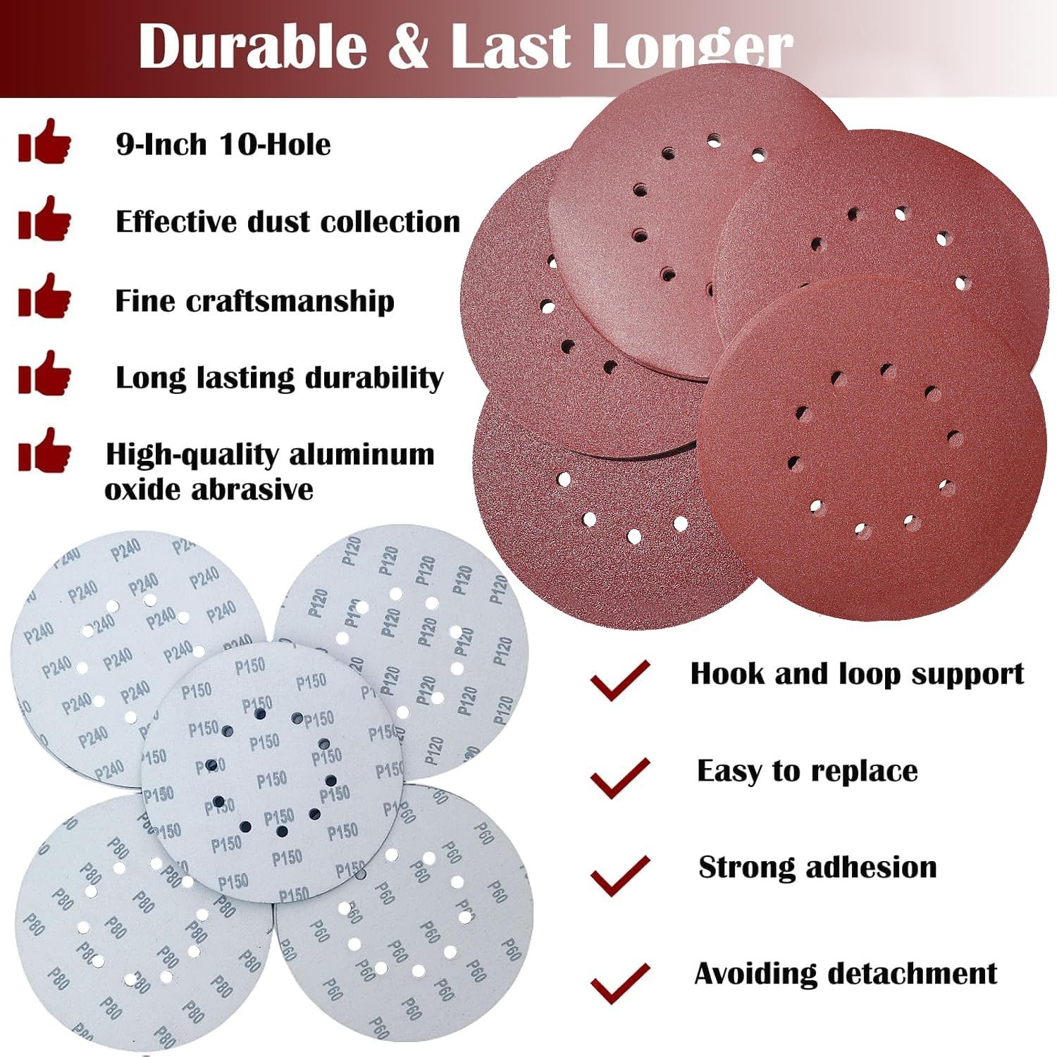 100 PCS 9 Inch 10 Hole Hook and Loop Sanding Discs Set – 60 80 120 150 240 Gr…
