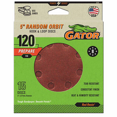 Gator 4141 Sanding Discs, Aluminum Oxide, Red Resin, 120-Grit, 5 In., 8-Hole,