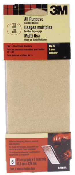 NEW 3M 9215 PACK (6) SHEETS 1/3 ALL PURPOSE CLIP ON 150 GRIT SANDPAPER 0868562