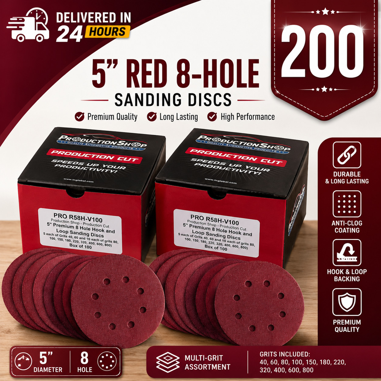 200 Pack 5 inch Sanding Discs 8-Hole Red Variety Pack Grit, Hook ,Loop Sandpaper