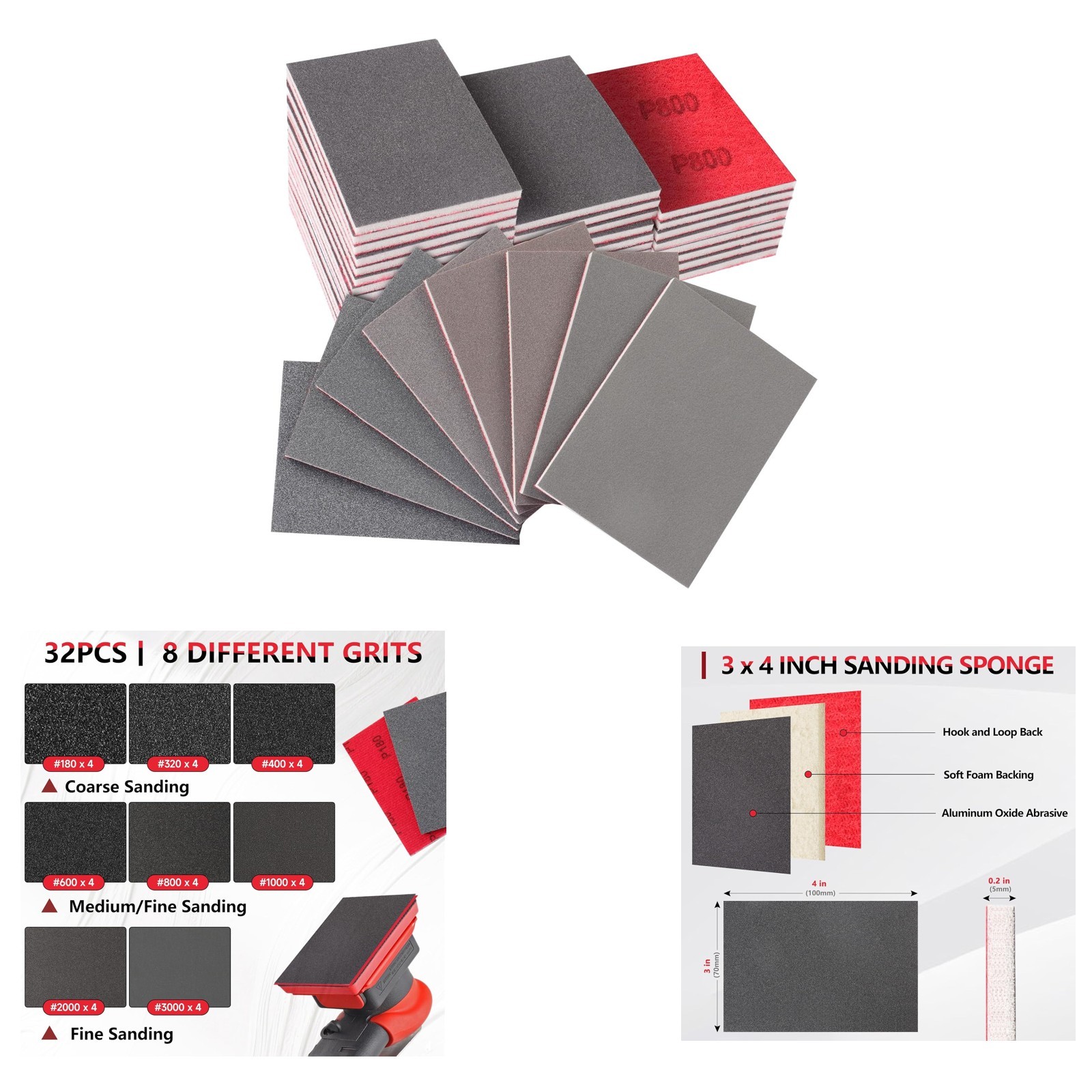 Sanding Sponge Kit 180-3000 Grit Hook Loop Wet Dry Foam Pads for Wood Metal Auto