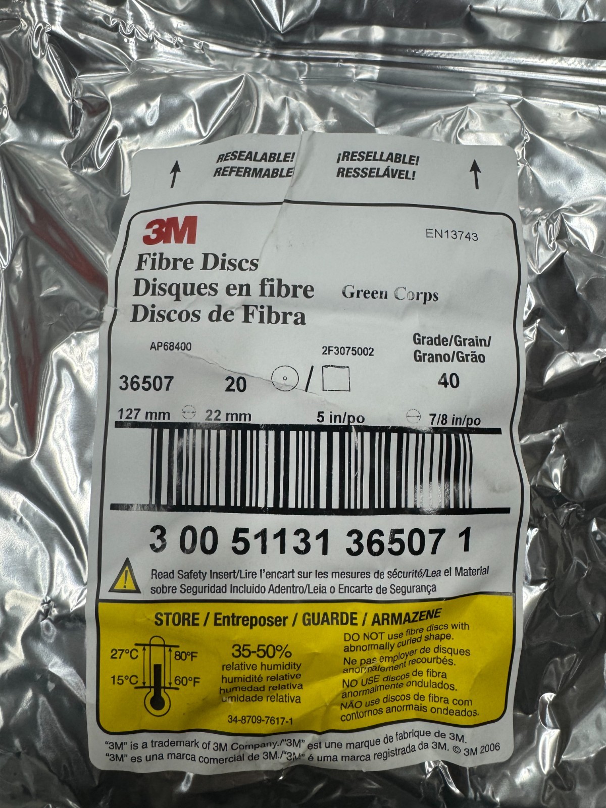 3M Green Corps Fibre Disc 36507, 5 in x 7/8 in, 40 GRIT, 20 Discs/Bag