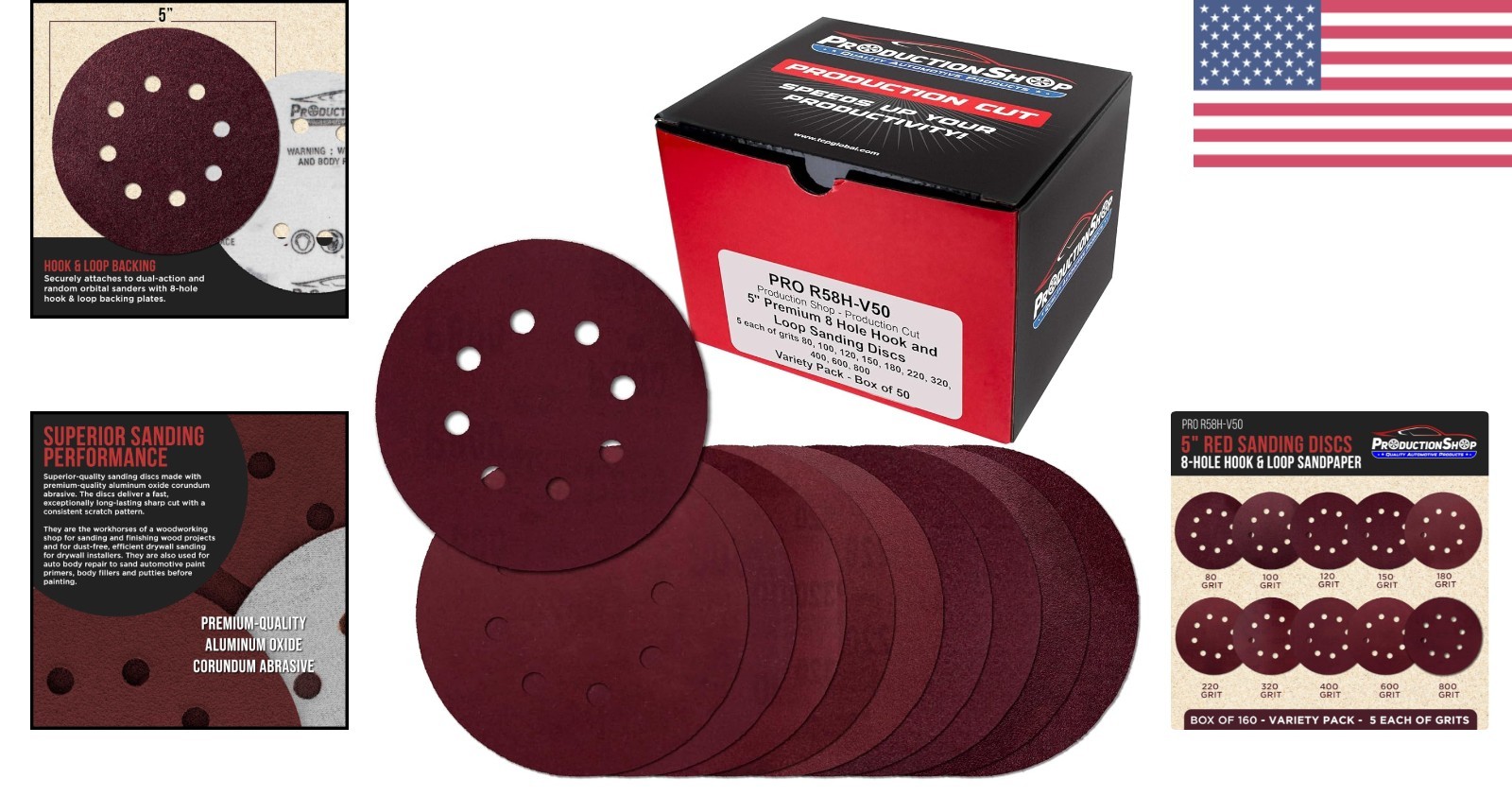 Red 5″ Sanding Discs 50 Count Variety Pack 8-Hole Hook & Loop for Random Sanders