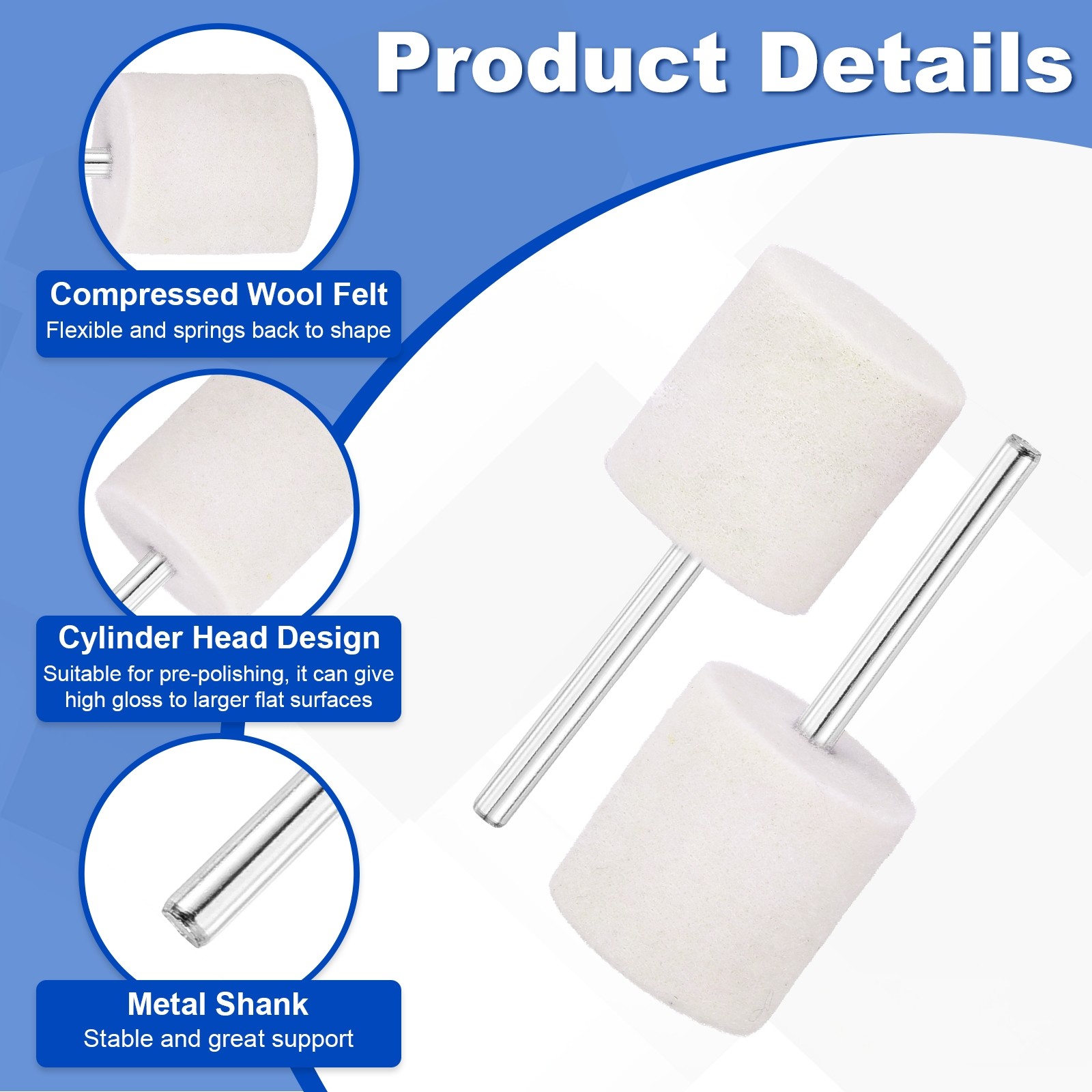 20 Pcs Wool Felt Mounted Mandrel Points 18mm Cylinder Head with 1/8″ Shank