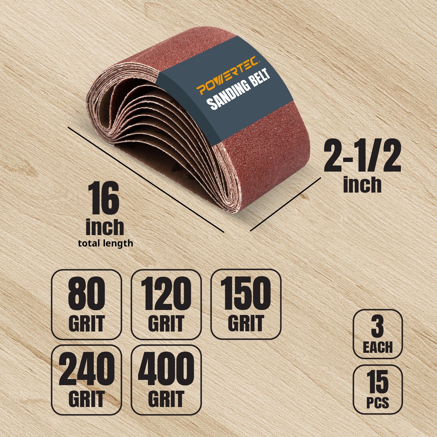 POWERTEC 401500 15PK 2-1/2 x 16 Inch Sanding Belts for Belt Sander