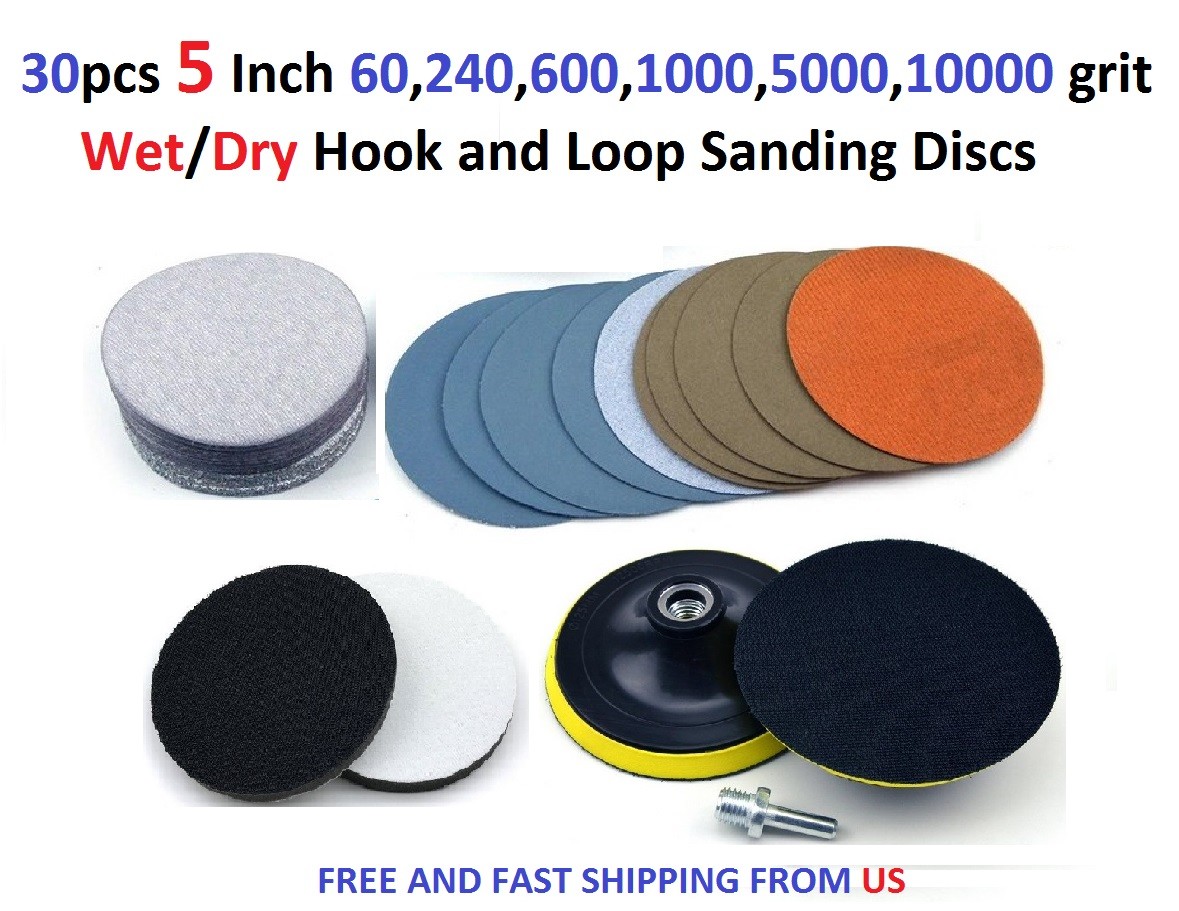 30pcs 5 Inch 60,240,600,1000,5000,10000 grit Wet/Dry Hook and Loop Sanding Discs