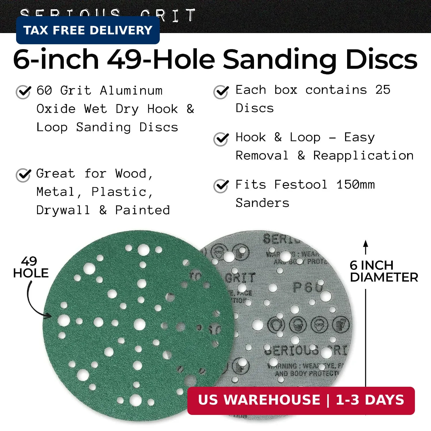 6-Inch 49-Hole P60 Grit Sanding Discs – 25 Pack Box | Fits Festoo