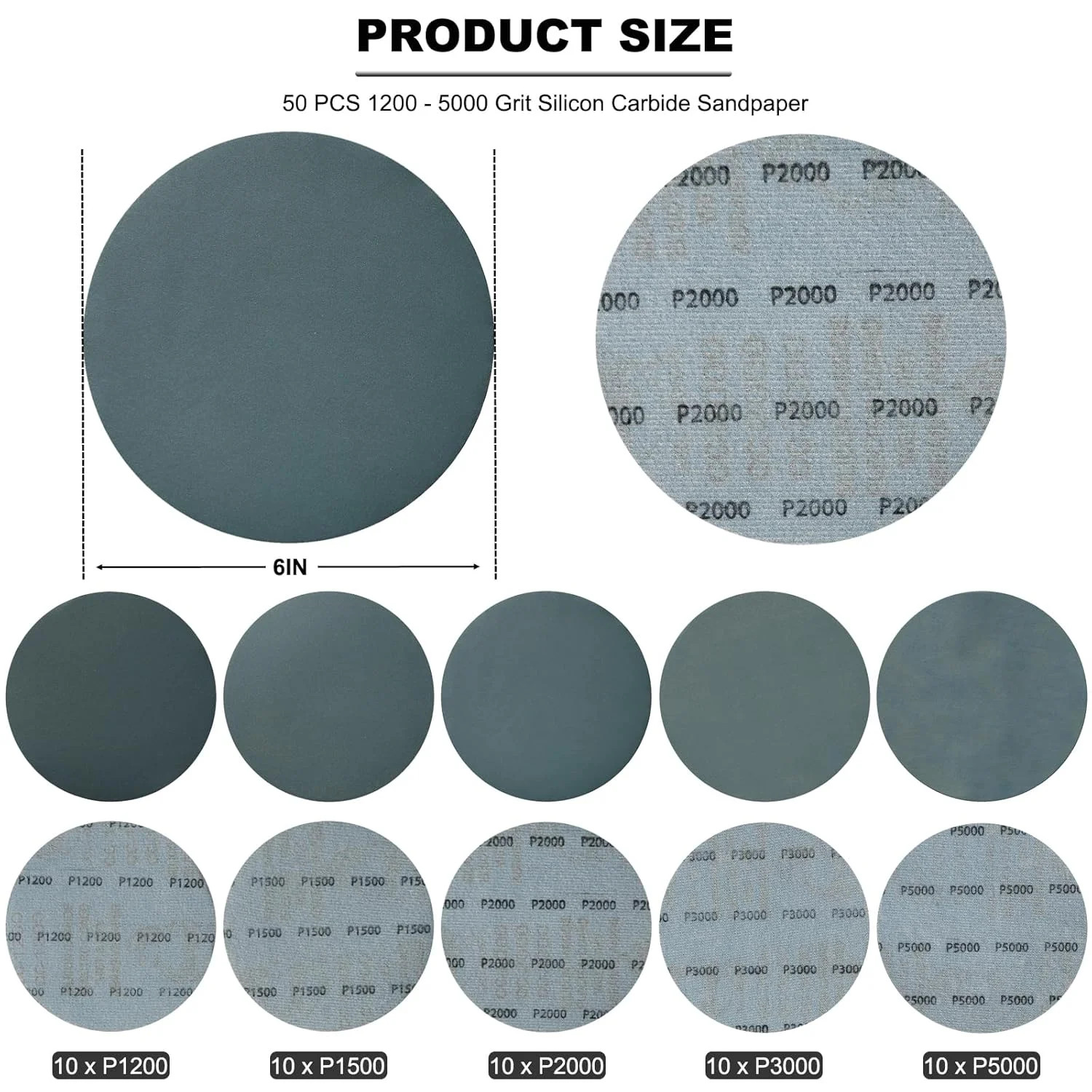 50 PCS 6 Inch Hook and Loop Sanding Discs Assorted-1200 1500 2000 3000 5000 Grit