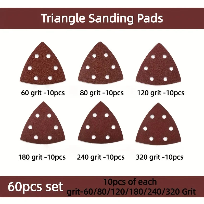60 piece triangular sanding pad set, mouse sanding pad 6-hole sandpaper 60-320 g