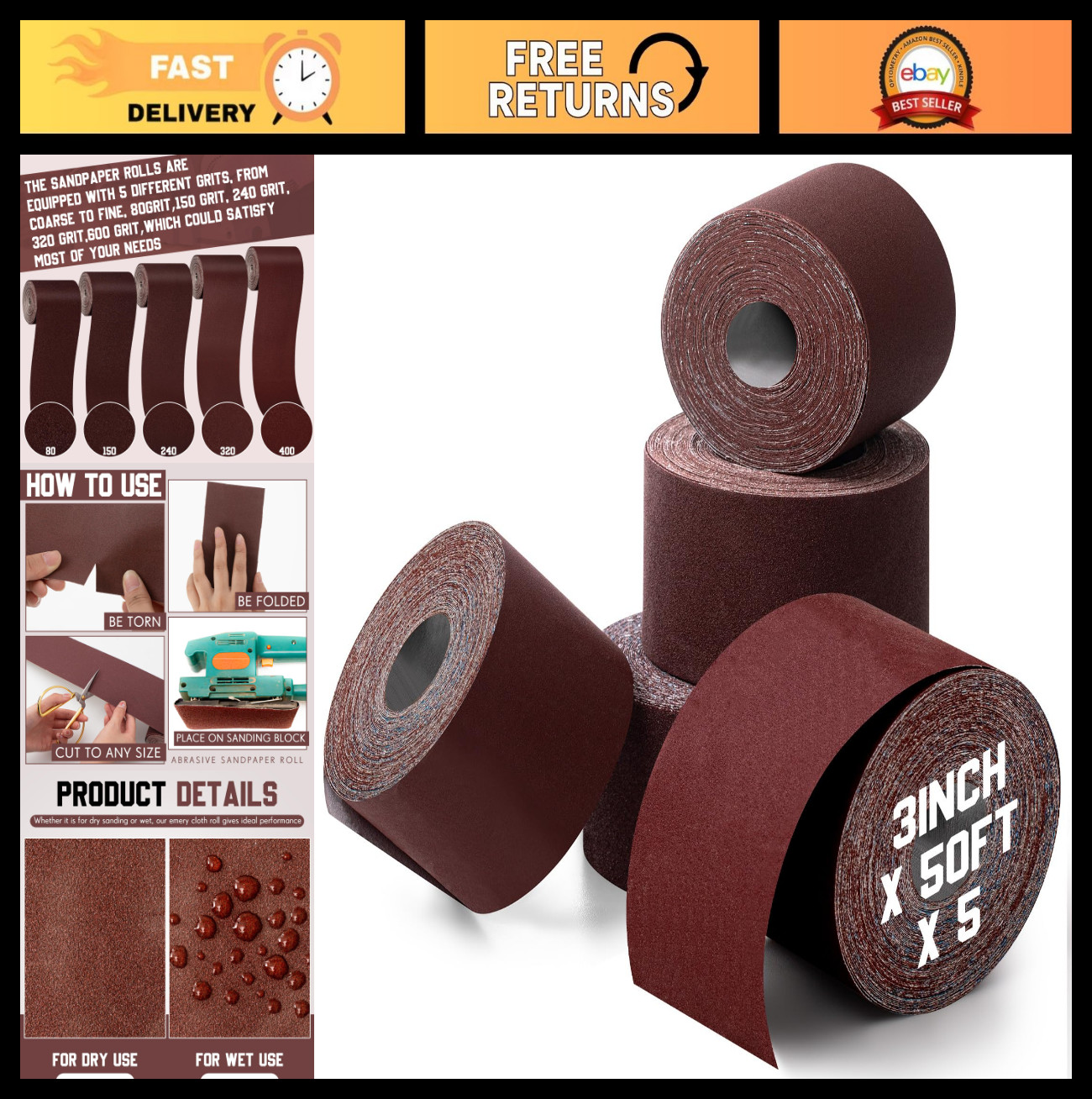 250ft Emery Cloth Roll Set – 3″ Wide Sandpaper Assortment 80-400 Grit for Metal