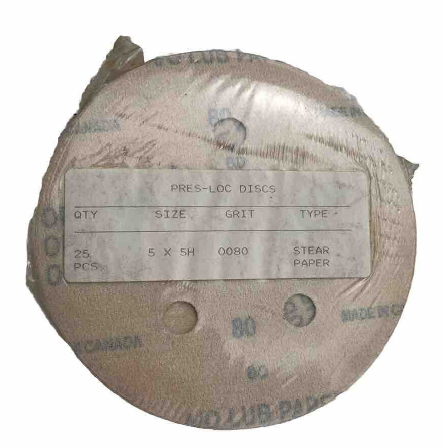 PRES-LOC Discs Sanding Discs 5″/127mm 5-Hole Stear Paper 80 Grit 25pk