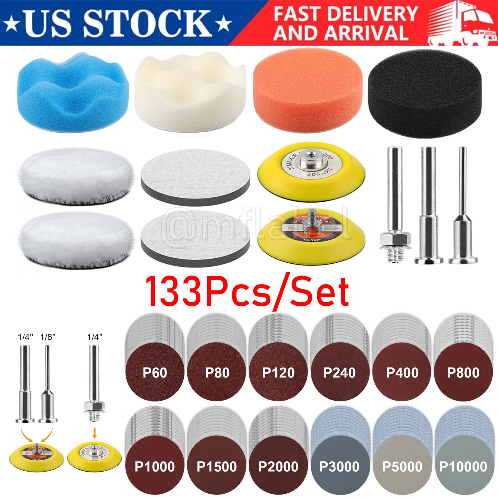 133PCS 3 Inch Sanding Disc Kit, 60-10000 Grit Wet Dry Hook & Loop Sandpaper Pads